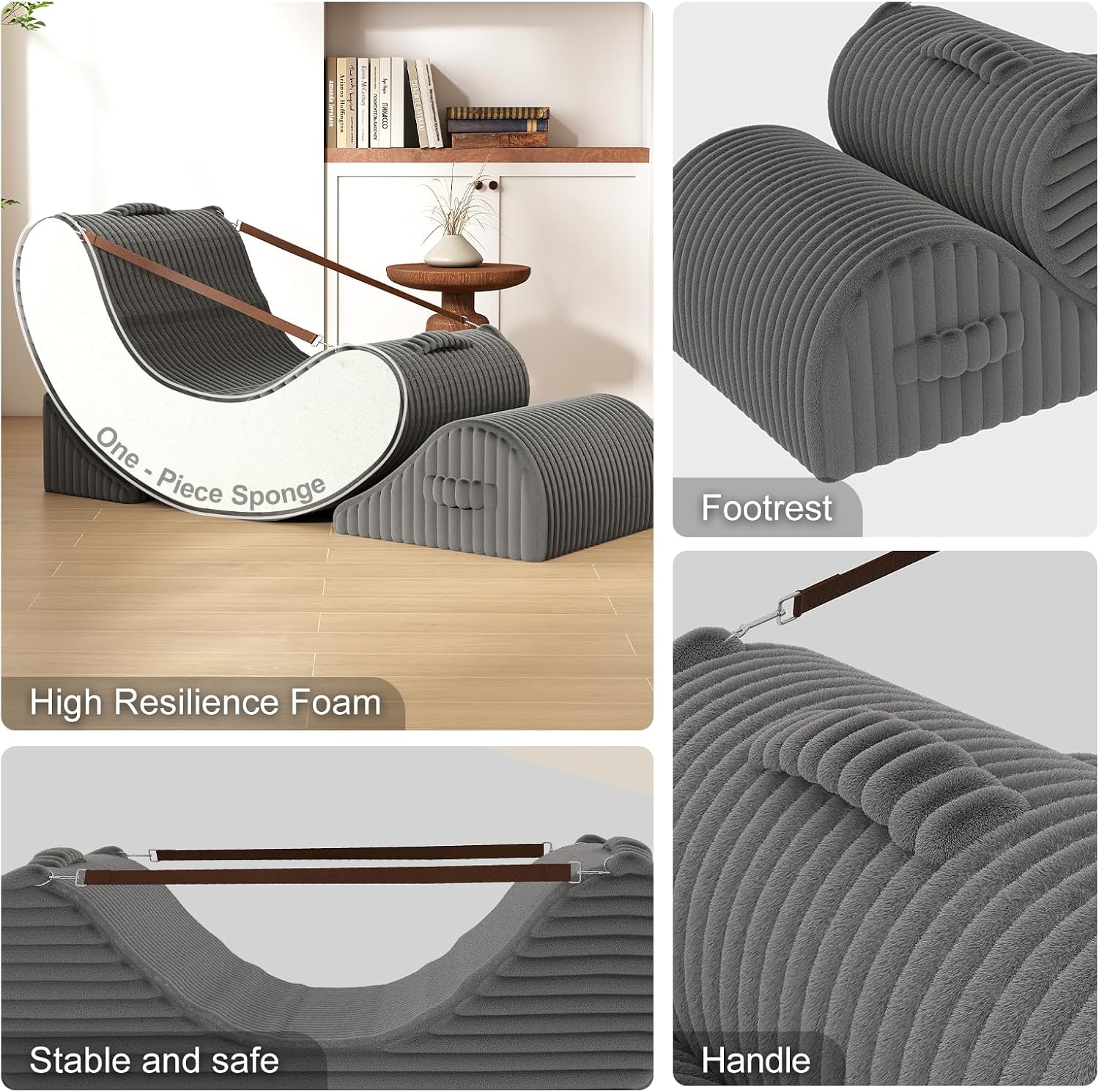 3-in-1 Adjustable Zero Gravity Floor Chair, Oversized Corduroy Boneless Chair for Adults with Memory Foam & Washable Cover, Silent Rocker Recliner Lounge Chair for Reading, Nursing, Gaming, Gray
