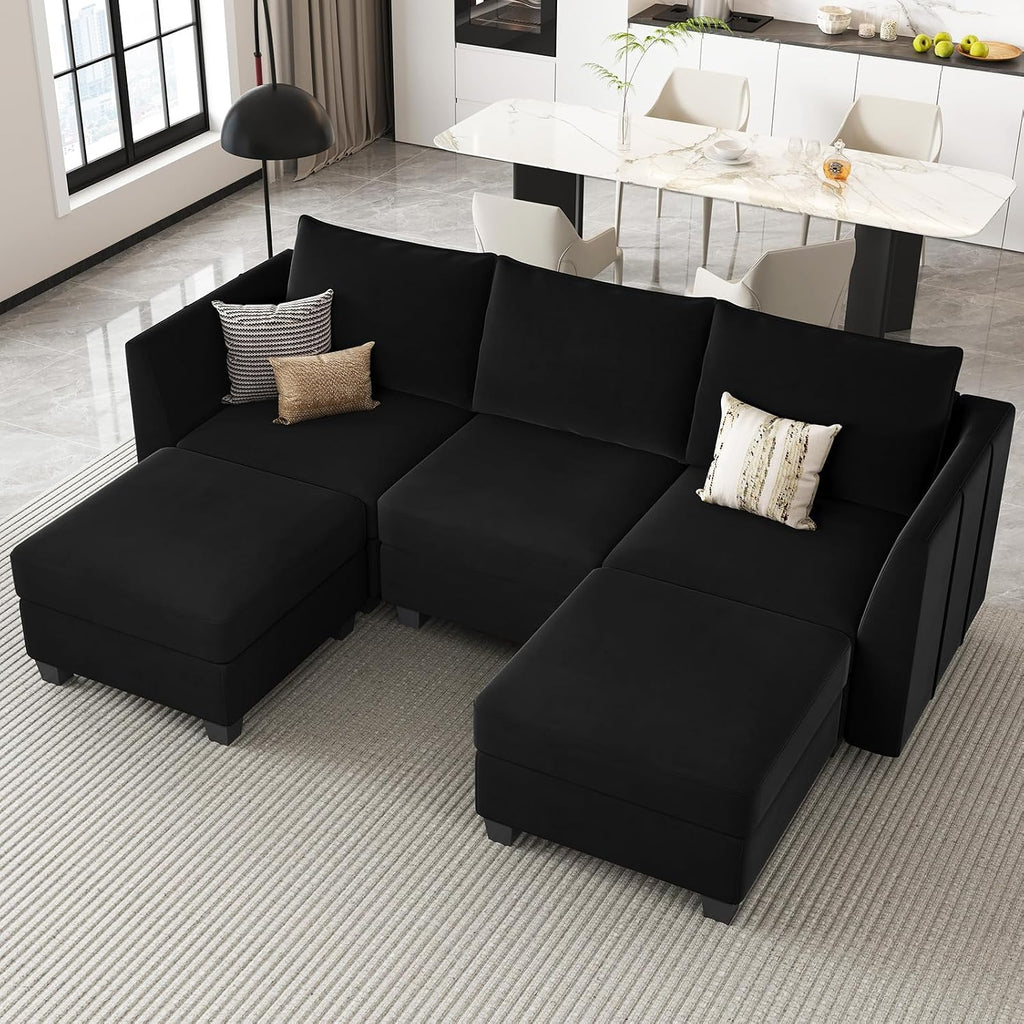 Belffin Modular Sectional Sofa with Double Chaise Velvet U Shaped Sofa Reversible Sectional Couch with Storage Black