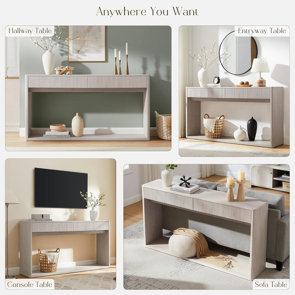 OKD 63' Fluted Console Table for Entryway, Modern Entryway Table with 2 Large Drawers, Long Sofa Table Behind Couch for Living Room, Hallway, Couch, Foyer，Alder White