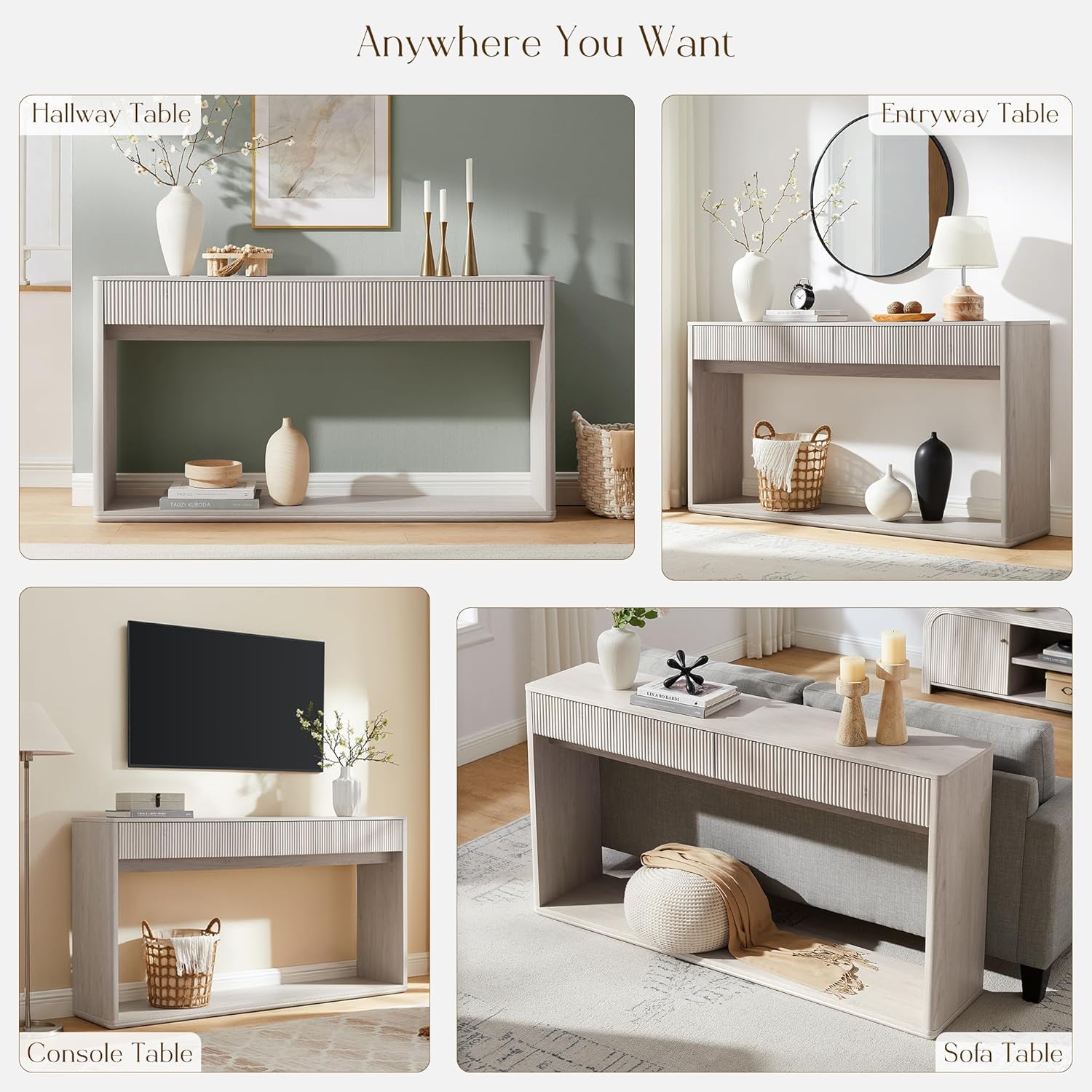 OKD 63' Fluted Console Table for Entryway, Modern Entryway Table with 2 Large Drawers, Long Sofa Table Behind Couch for Living Room, Hallway, Couch, Foyer，Alder White