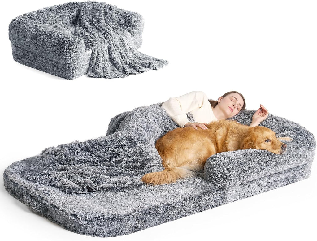 EHEYCIGA Foldable Human Dog Bed, 72'x44'x11' Orthopedic Memory Foam Human Sized Dog Bed, Waterproof Pet Bed for People, Faux Fur Pet Couch for Adult with Non-Slip Bottom, Grey