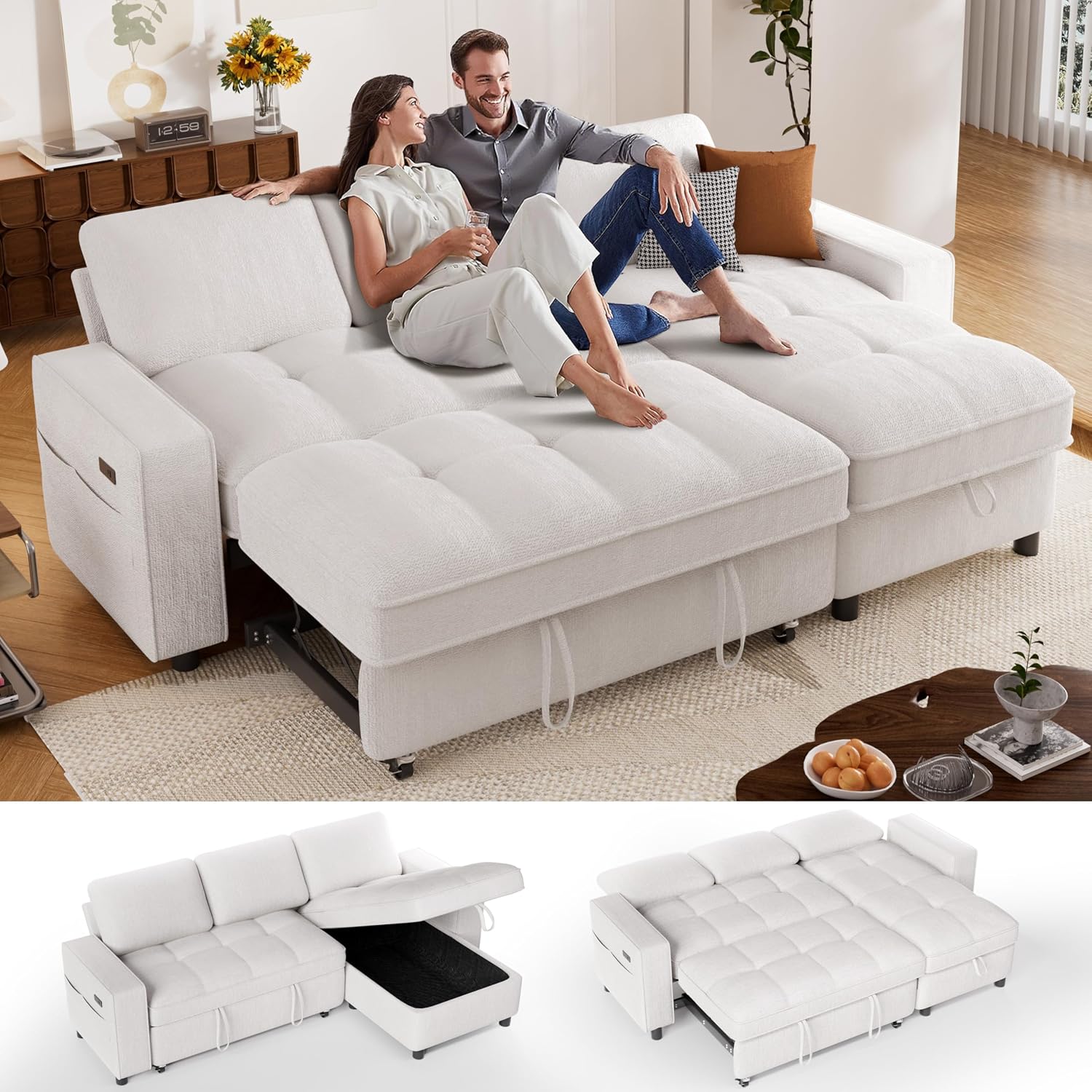 Sunny Heart Chenille Sleeper Sofa Bed, 81' L Shaped Couch Sleeper Sofa, Pull Out Couch Bed with Reclining Backrest | Reversible Storage Chaise | USB Port | Side Pocket | Tool-Free Assembly | Beige