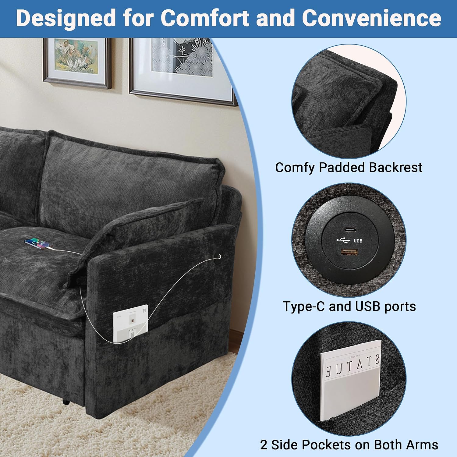 73' Sleeper Sofa Bed, 3-in-1 Pull Out Couch with USB/Type-C Charging & Side Pockets, Convertible Chenille Loveseat Chaise Lounge, Space-Saving Sofa for Living Room, Black
