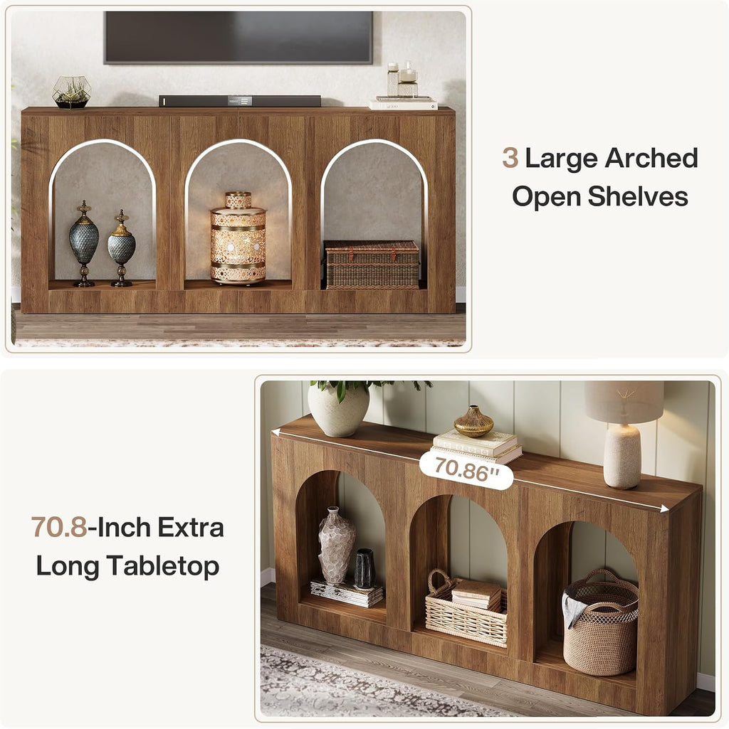 Tribesigns 70.9' Console Table with Storage, Wood Entryway Entry Table with 3 Arched Shelves for Foyer, Hallway, Living Room, Behind Couch Sofa, Narrow Long, Brown