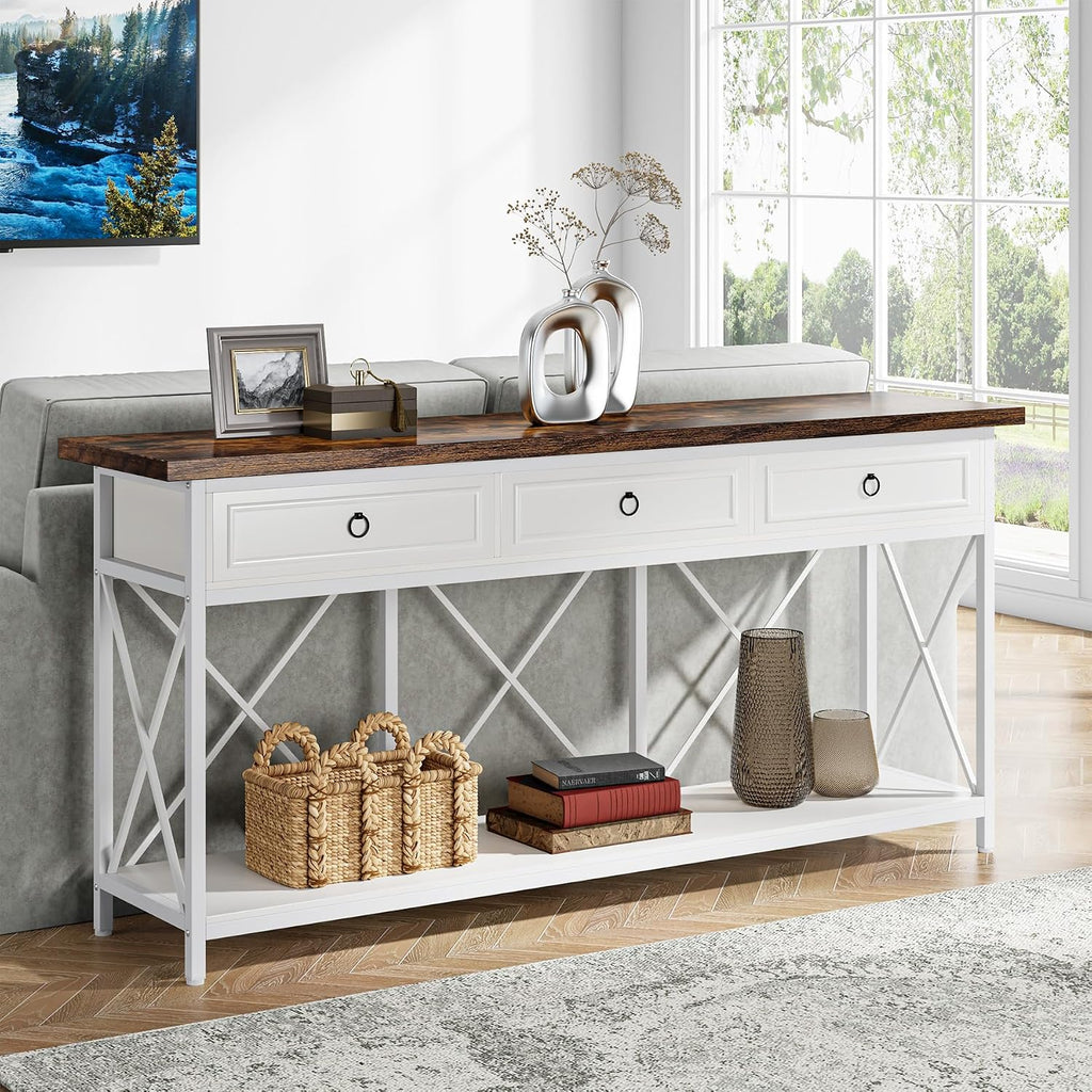 Tribesigns 70.8' Console Table with 3 Drawers, Farmhouse Entryway Table with Storage Shelf, Narrow Long Sofa Foyer Table for Entryway, Hallway (White/Brown)