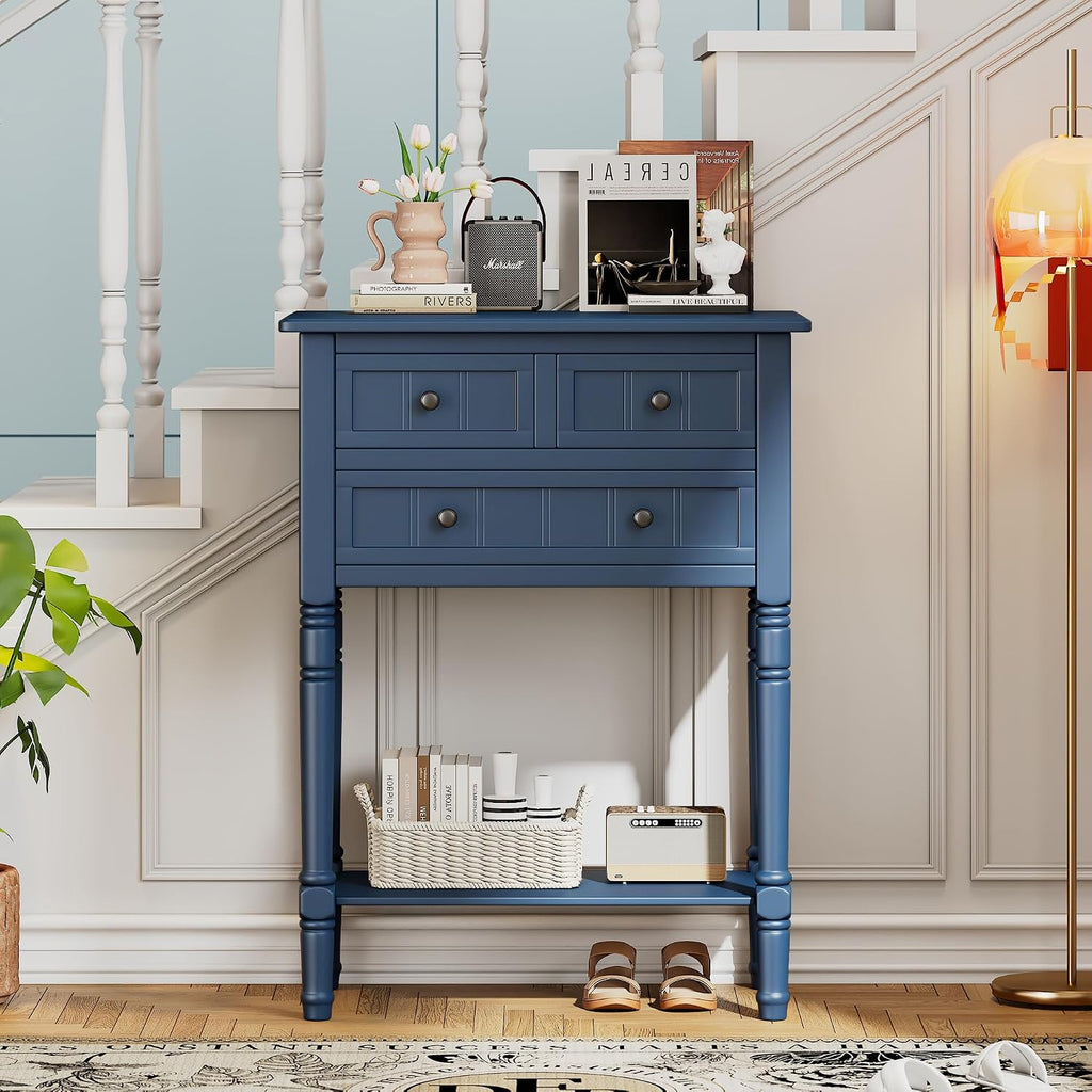 Merax Narrow Console Table, Elegant Slim Entryway Table Sofa Table with Three Storage Drawers and Bottom Shelf for Entryway for Hallway, and Living Room (Navy)