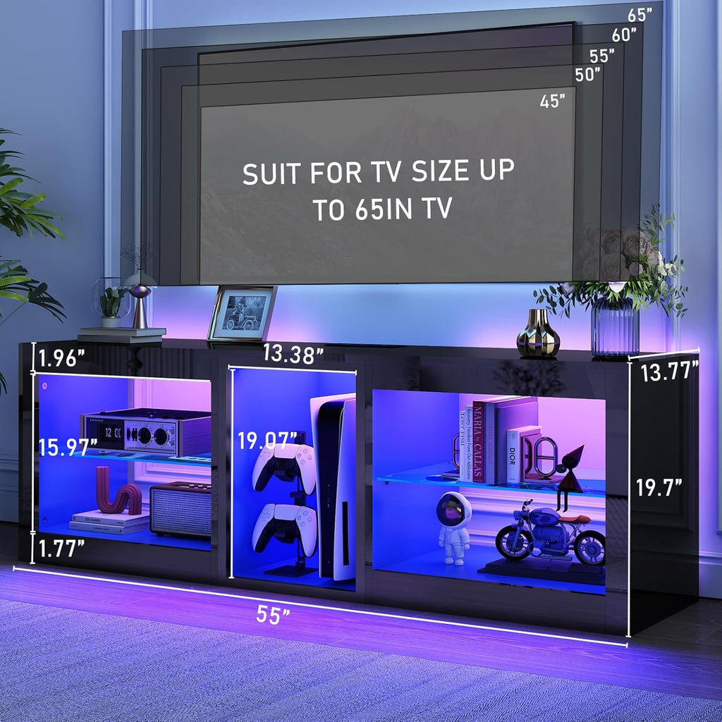 chartustriable LED TV Stands W/Power Outlet for 60 65 Inch TV,55' Modern Entertainment Center W/7000-Colors Light for P S 5,High Gloss TV Console w/Adjustable Shelves for Living Room Gameroom(Black)