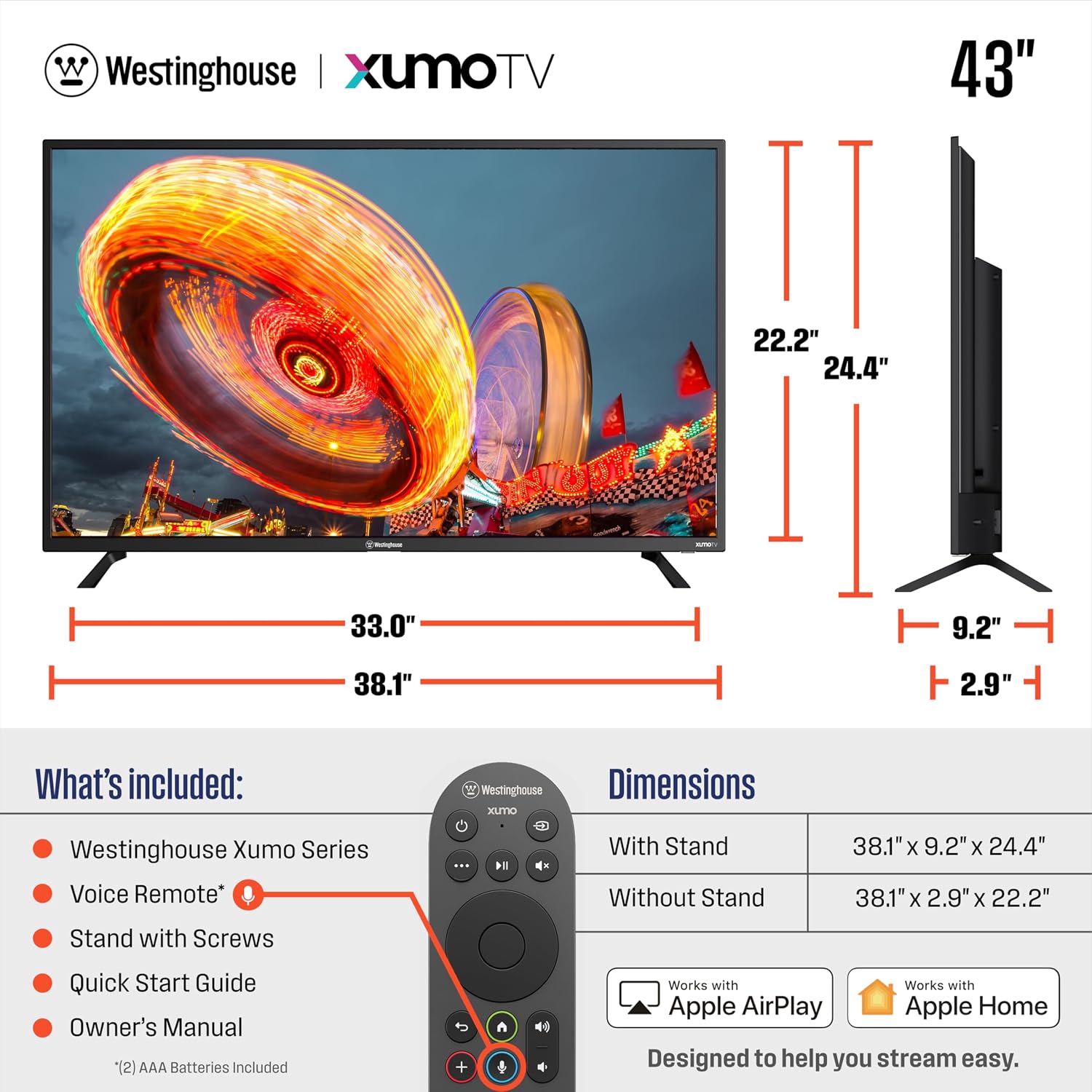 Westinghouse 43-inch Smart TV, FHD 1080P Xumo TV w/Voice Remote, Flat Screen Television w/Dolby Atmos, Bluetooth, Apple AirPlay, Wi-Fi & Mobile Connectivity