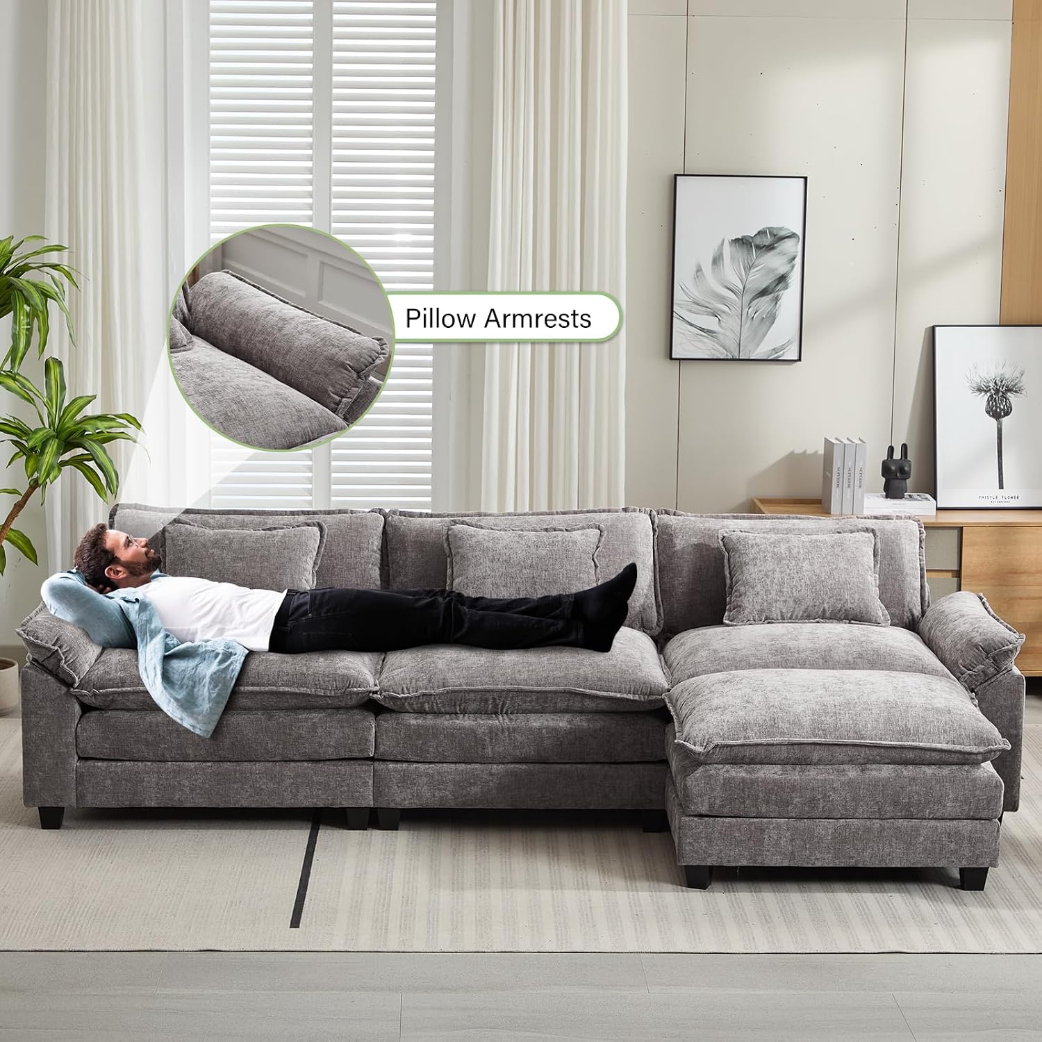 Oprisen 120' Modular Sectional Sofa, Comfy Cloud Couch Sectional Sofa with Ottoman, Chenille Sofa Sleeper Deep Seat Sofa with Throw Pillows for Living Room (Light Gray, 120'- L Shape)