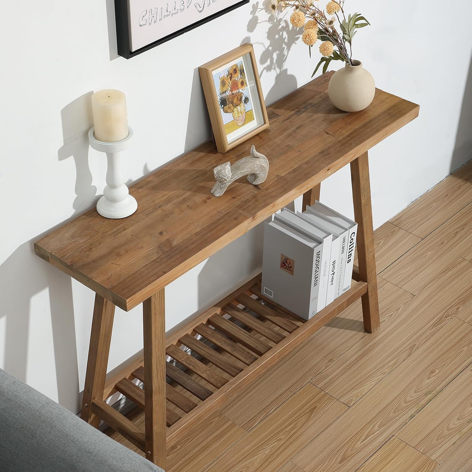 HOKYHOKY Reclaimed Solid Wood Console Table, 43.3' Farmhouse Entryway Table, Narrow Couch Tables Behind Sofa, 2 Tiers Accent Tables for Hallway, Entrance, Foyer, Living Room