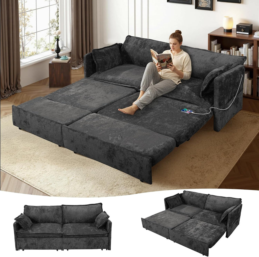 73' Sleeper Sofa Bed, 3-in-1 Pull Out Couch with USB/Type-C Charging & Side Pockets, Convertible Chenille Loveseat Chaise Lounge, Space-Saving Sofa for Living Room, Black