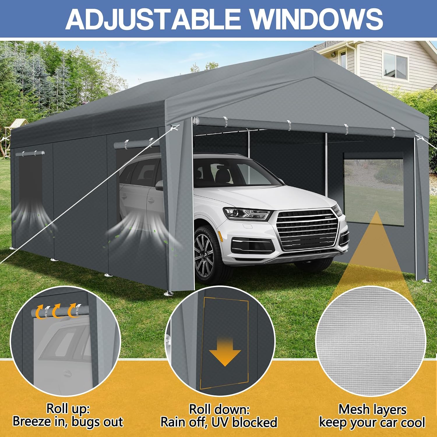 VINGLI 12 x 20 ft Outdoor Portable Storage Shed, Heavy Duty Bike Tent with Roll-up Zipper Door & Windows, Waterproof and UV Resistent Carport for Motorcycle, Garden Tools and Firewood