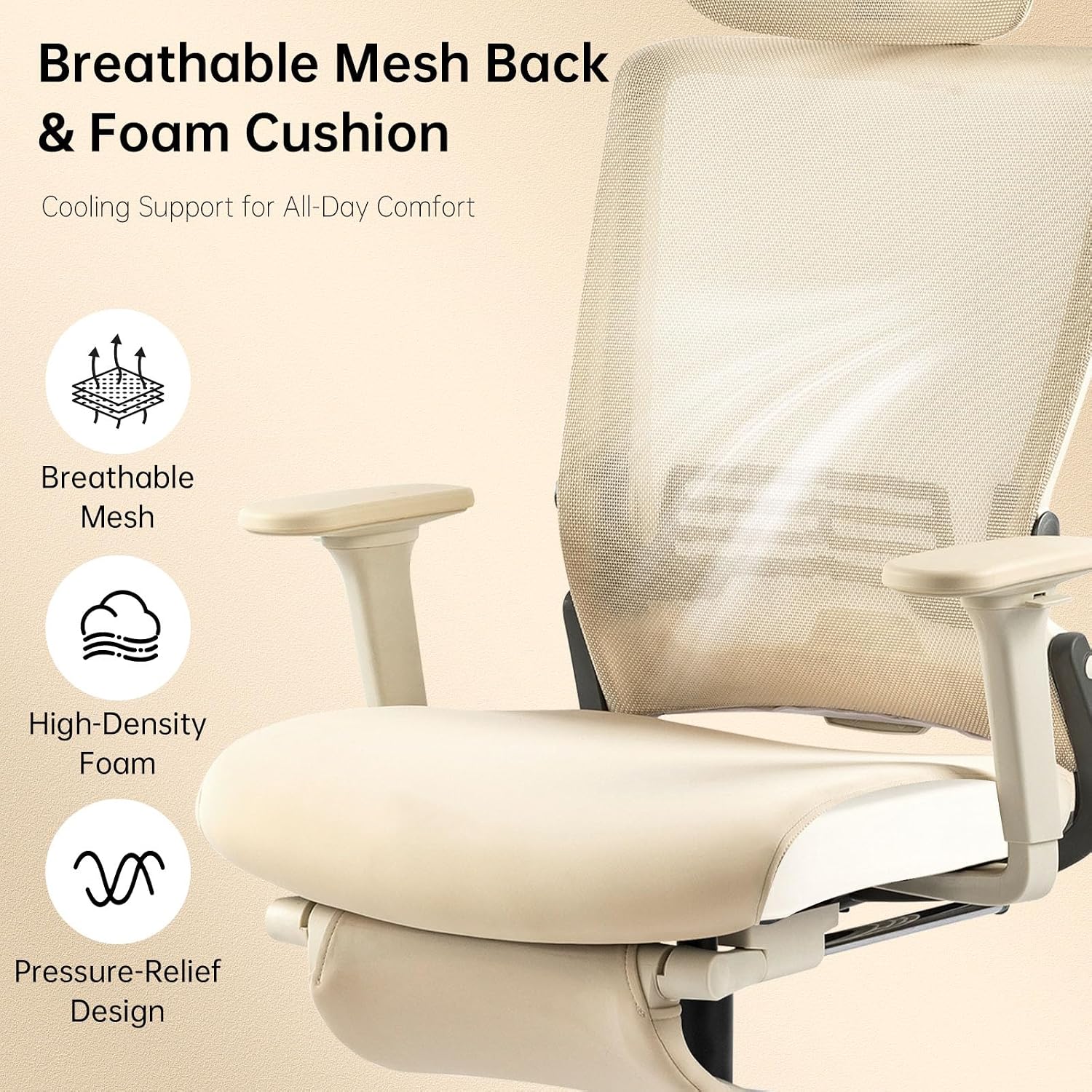 Foldable Office Chair with Foot Rest, Ergonomic Office Chair with Adjustable Lumbar Support, Headrest, Armrest, Home Office Desk Chair for Space Saving, Work from Home, Cream