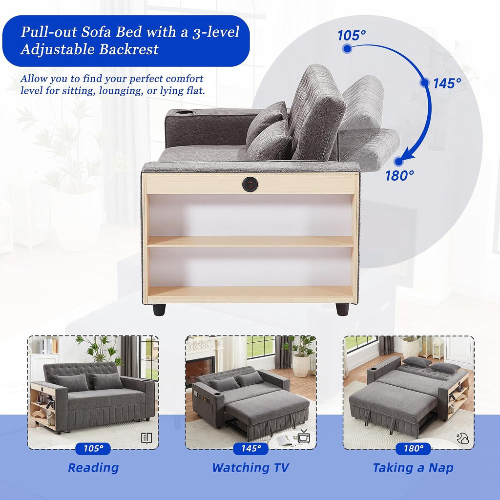 Merax Pull-Out Sleeper Sofa Bed with Reversible Backrest and Two Throw Pillows, 3 in 1 Foton Couch with USB Ports & Cup Holder, Chenille Loveseat with Storage Shelves for Living Room, Grey