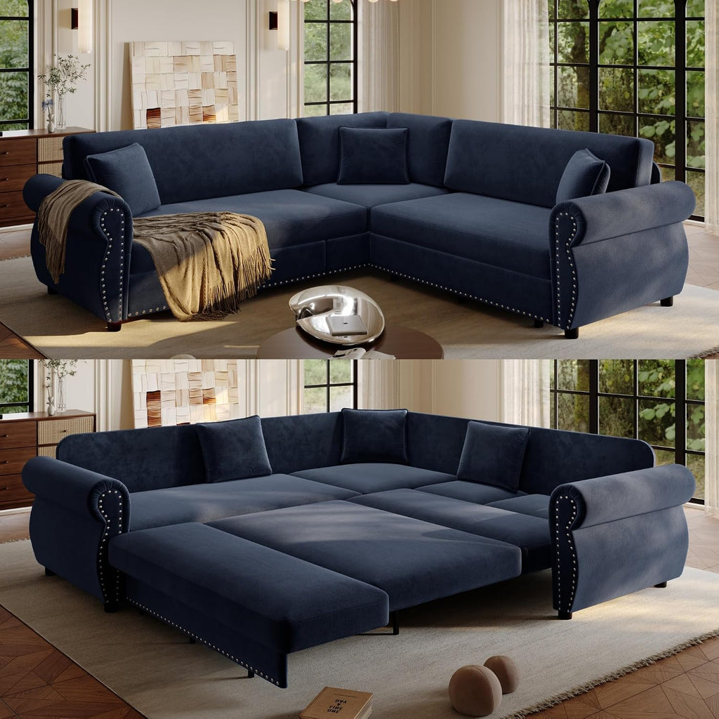 88'' Sleeper Sofa Bed Queen, L Shaped Sectional Sofa with Pull Out Couch Bed, Chenille 5 Seater Couch with Nailhead Trim & Rolled Arm, Sectional Couches for Living Room Furniture Set, Blue