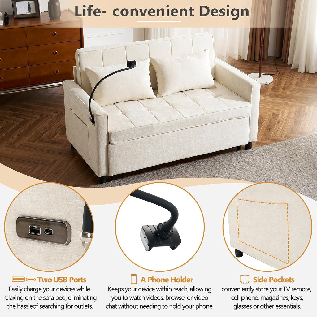 3 in 1 Convertible Sleeper Sofa Bed, 56.9' Small Pull Out Couch Bed with Adjustable Backrest, Chenille Loveseat Couches with Side Pocket, USB Ports&Phone Holder for Small Places (Beige)