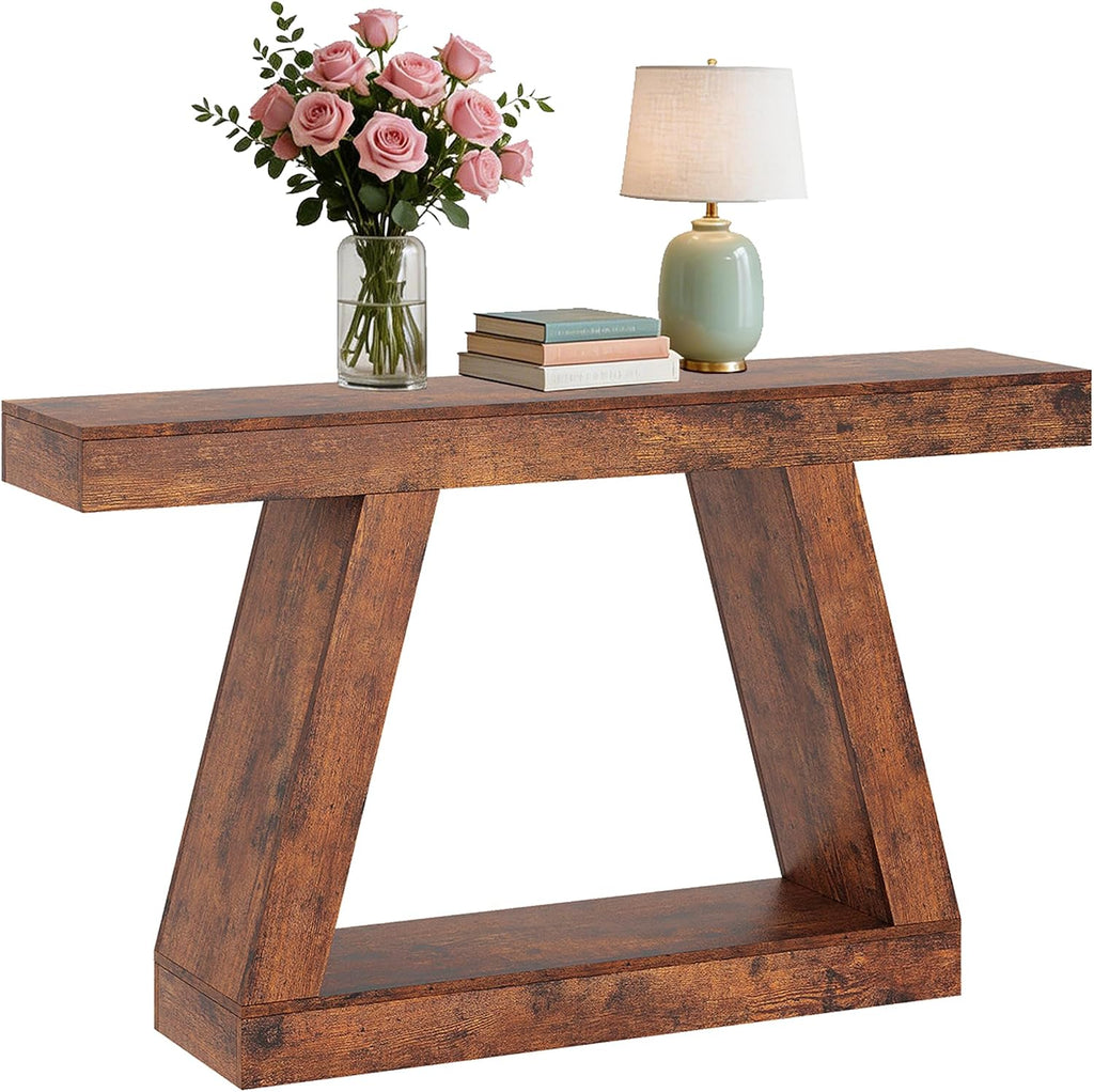 55 Inches Console Table, Sofa Table Behind Couch, 2-Tier Wooden Entry Tables for Entryway Foyer Hallway, Industrial Console Tables with Open Storage Shelf for Living Room