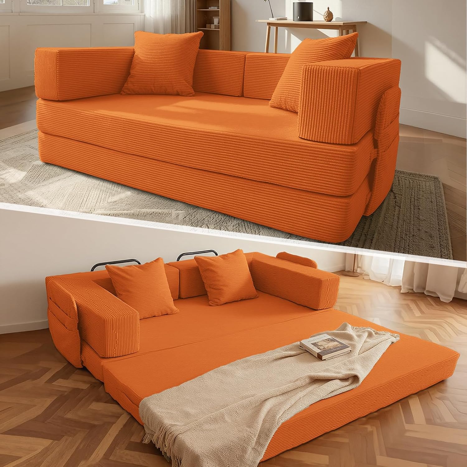 5‑in‑1 Futon Sofa Bed Queen–Floor Foldable Convertible Sofa Couch with L‑Shaped Armrests, Removable Cover, Orange Convertible Guest Bed | Space‑Saving Fold‑Out Mattress Lounge for Living Room/Bedroom