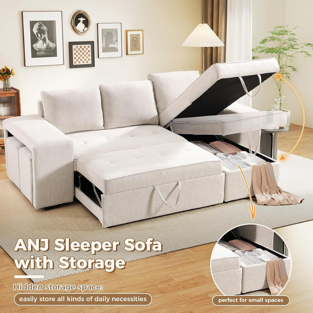 ANJ Chenille Sleeper Sofa Couch with Pullout Bed, 4 in 1 L Shaped Modular Sectional Sofa with Storage Ottoman for Living Room(Beige)