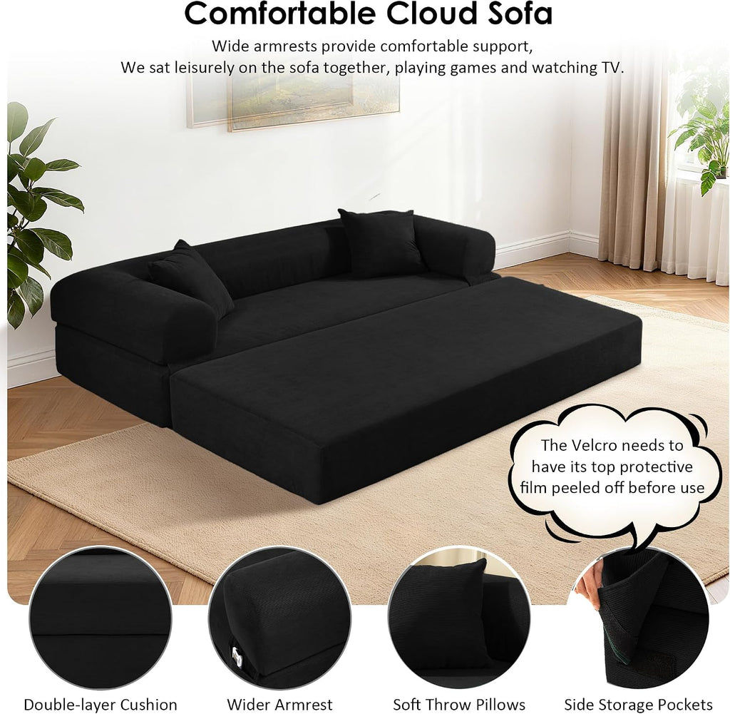 80' Convertible Sofa Bed, Corduroy Deep Seat Folding Pull Out Couch with Pillows, No Assembly Modern Boneless Couch Compression Sofa in Box, Floor Sofa with Storage Pocket for Living Room,Black