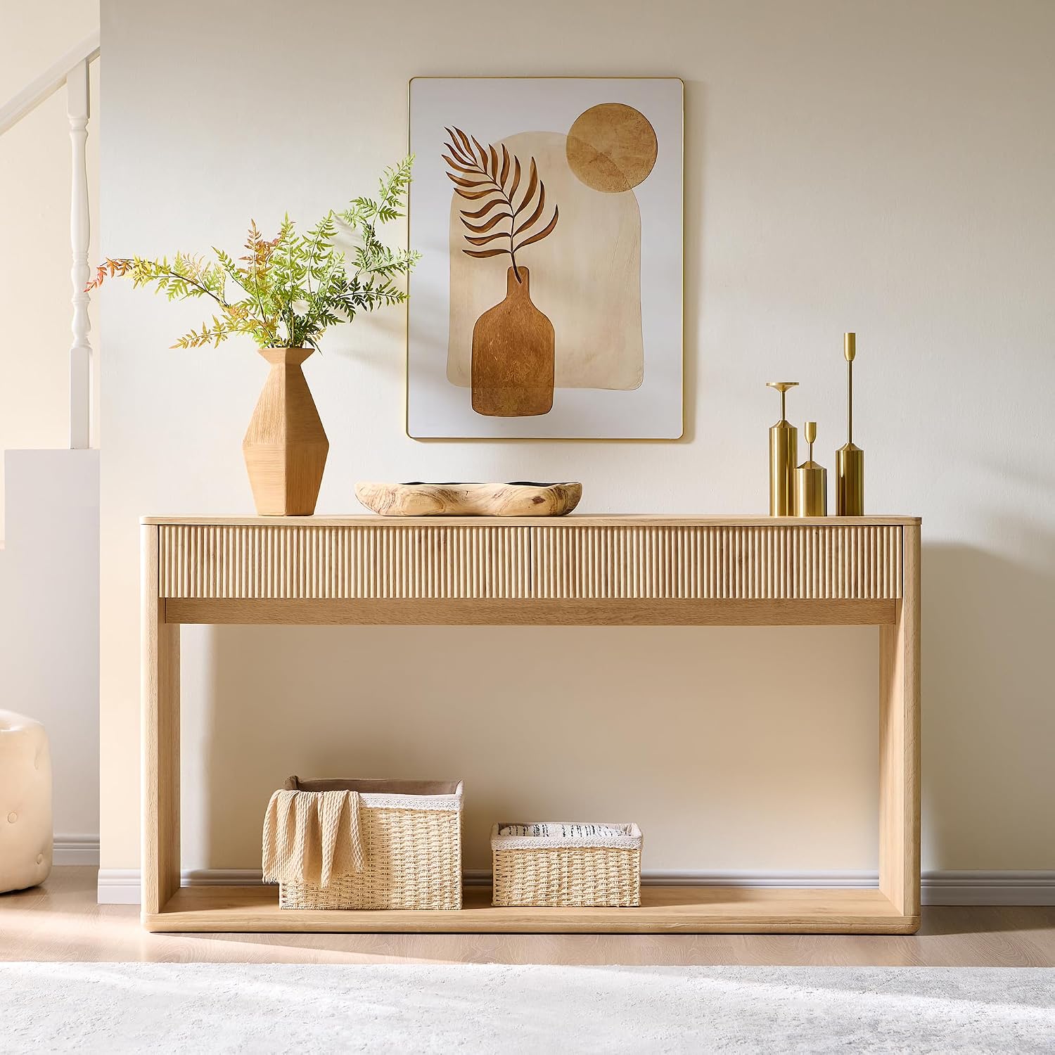 OKD 63' Fluted Console Table for Entryway, Modern Entryway Table with 2 Large Drawers, Long Sofa Table Behind Couch for Living Room, Hallway, Couch, Foyer，Natural Oak