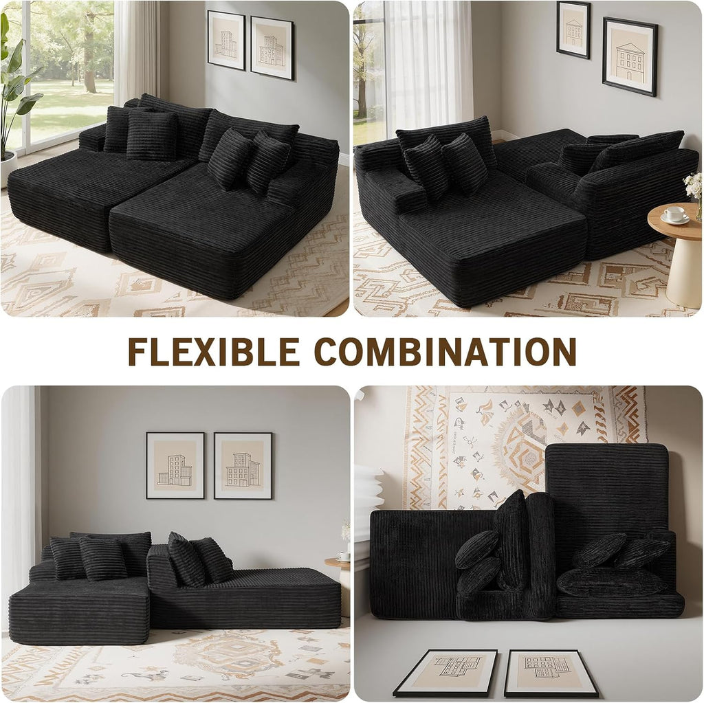 83' Oversized Double Chaise Lounge Indoor, Black Corduroy Chaise Lounge Chair, Upholstered Sleeper Sofa Bed, Deep Seat Sleeper Loveseat Reading Chairs, Boneless Cloud Couch for Living Room Bedroom