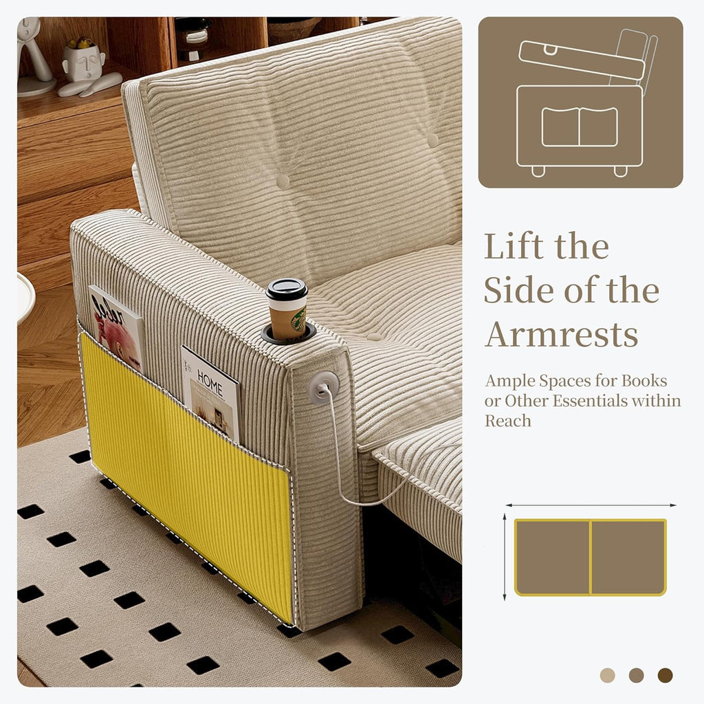 73' Queen Size Sofa Bed, Loveseat Sleeper Sofa with Pull Out Bed, Pockets and USB, Modern 2 Seater Convertible Small Couch for Living Room Bedroom Apartment (Beige, Corduroy)