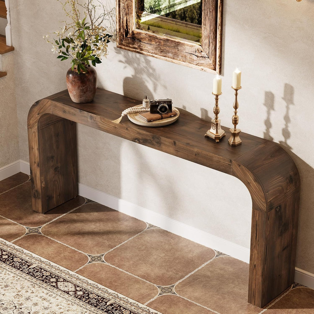 Solid Wood Console Table, 70.87-Inch Farmhouse Sofa Table with Waterfall Curved Corners for Hallway, Living Room, Behind Couch, Entrance (Dark Brown)