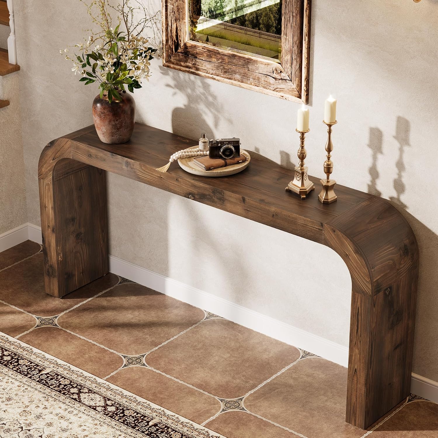 Solid Wood Console Table, 70.87-Inch Farmhouse Sofa Table with Waterfall Curved Corners for Hallway, Living Room, Behind Couch, Entrance (Dark Brown)