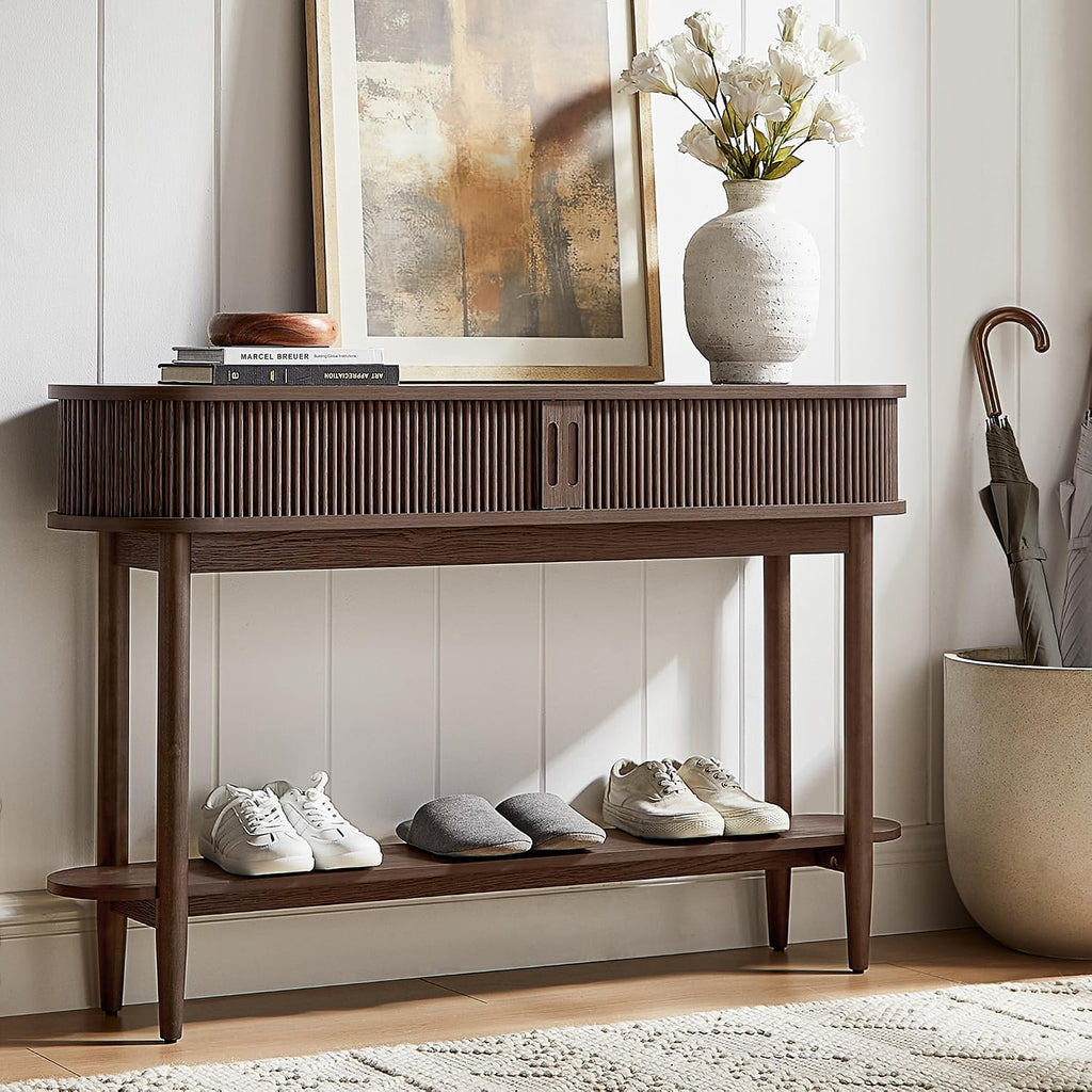LINSY HOME Fluted Console Table, Mid-Century Modern Entryway Cabinet with Sliding Tambour Doors, Narrow Long Sofa Table, Behind-The-Couch Table for Living Room, Hallway (Brown Oak)