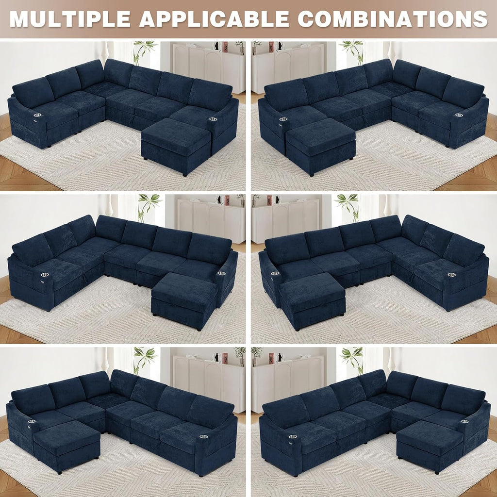 116' Chenille Modular Sofa Bed w/Adjustable Backrests, U-Shape Sleeper Sofa w/USB Ports & Storage Space, Convertible Corner Sectional Couch w/Pull Out Bed for House, Living Room, Blue