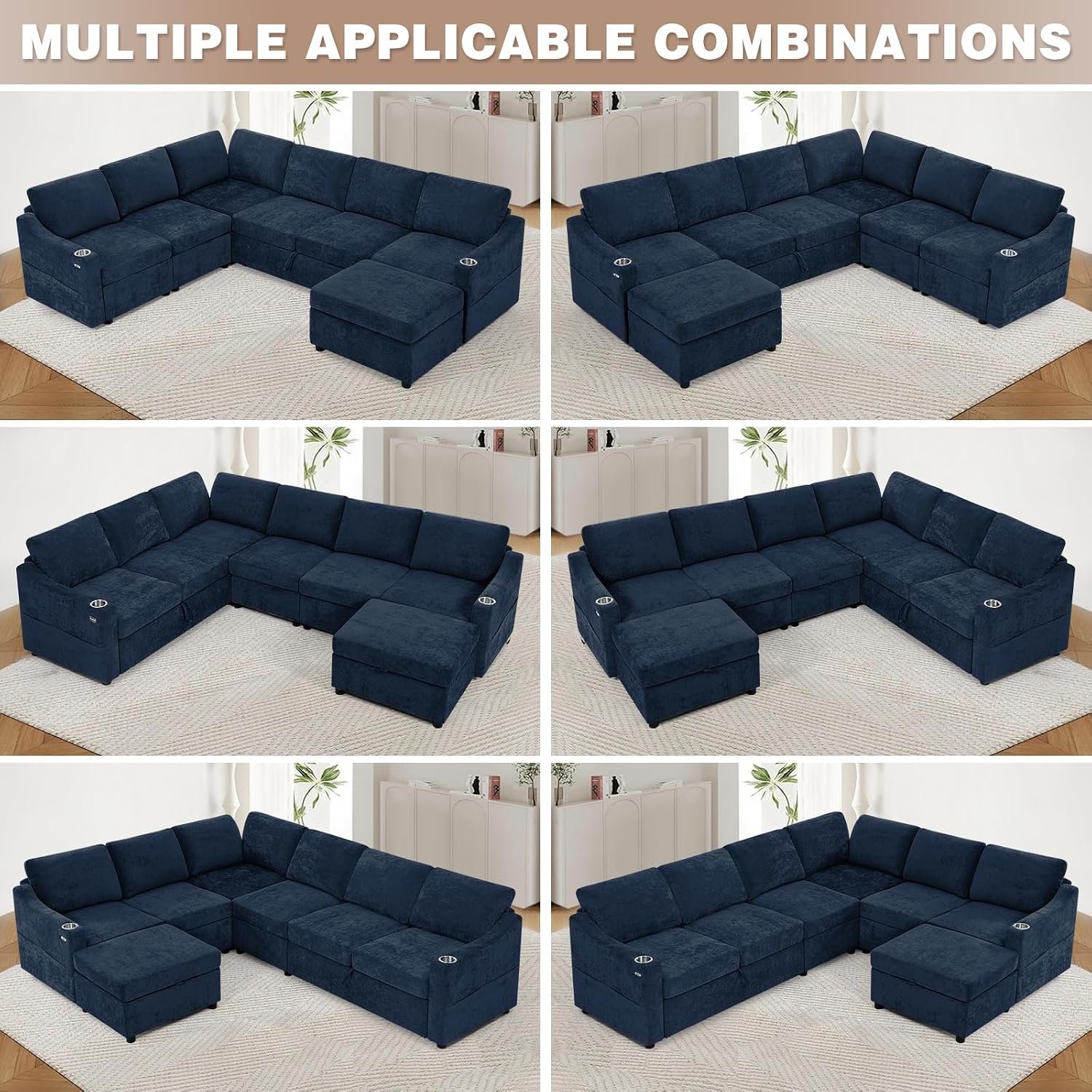 116' Chenille Modular Sofa Bed w/Adjustable Backrests, U-Shape Sleeper Sofa w/USB Ports & Storage Space, Convertible Corner Sectional Couch w/Pull Out Bed for House, Living Room, Blue