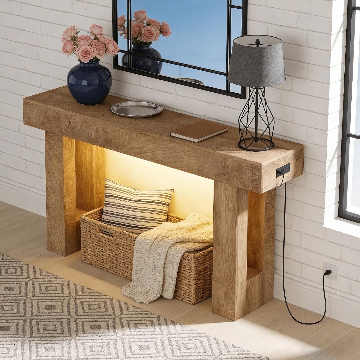 63' Long Console Table with Power Outlet LED Lights, Modern Entryway Table with Human Sensor Light, Large Industrial Hallway Accent Furniture for Living Room, Entryway, Hallway