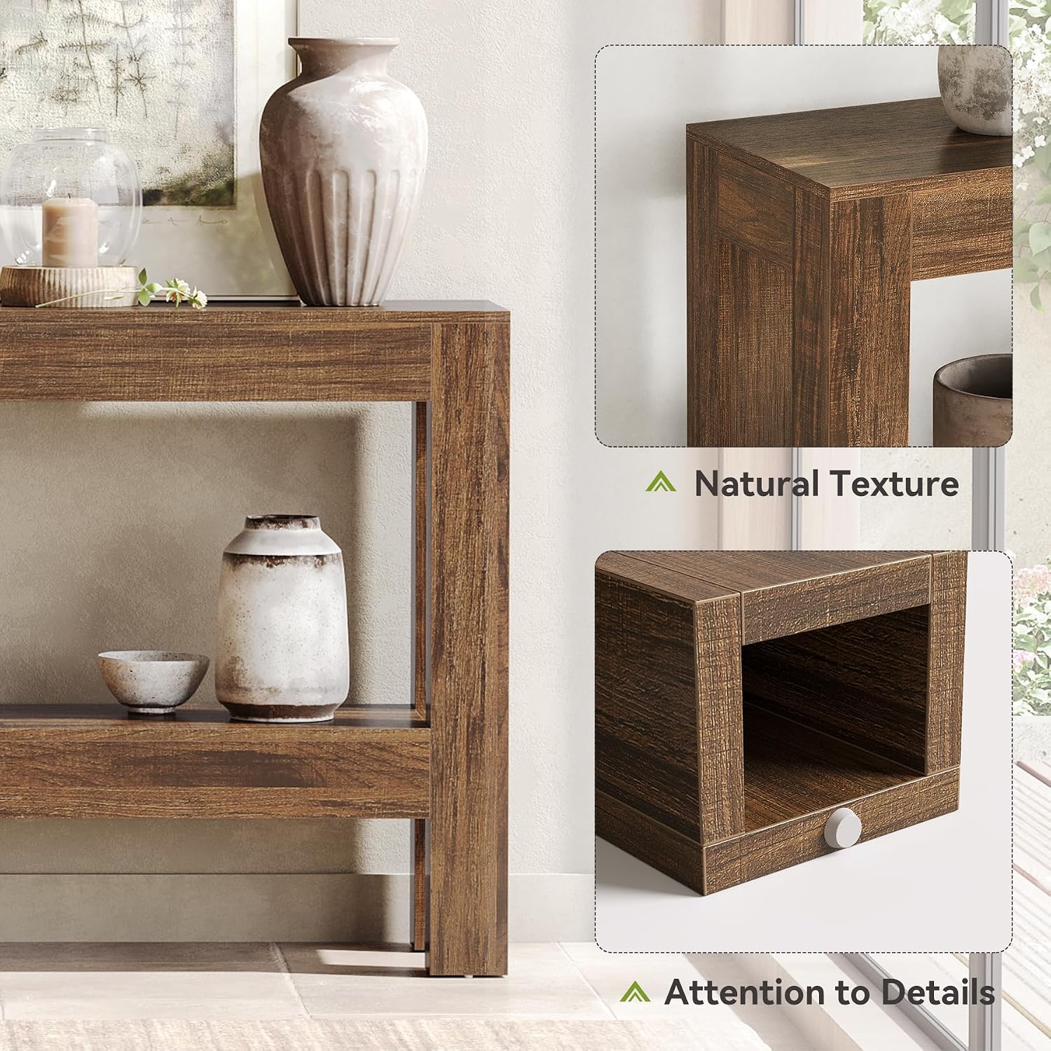 LITTLE TREE 63-Inch Wood Entryway Table, Long Farmhouse Narrow Console Table for Living Room, Hallway, Sofa, Entry, Entrance, Foyer, Behind Couch with 2-Tier Shelves, Brown