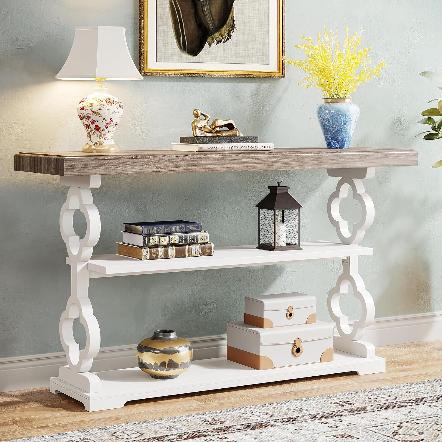 Tribesigns Farmhouse Console Table, 55 inch Long Sofa Table with Storage Shelves, 3 Tier Wood Accent Entry Table for Hallway, Entrance, Living Room, Foyer, Grey and White