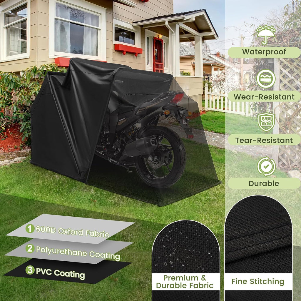 Goplus Motorcycle Shed, Outdoor Motorcycle Storage Shelter with 600D Oxford Fabric Waterproof Cover, 2 Roll-up Side Windows, Expansion Bolts, Heavy Duty Motor Cycle Tent, 136' x 54' x 75'