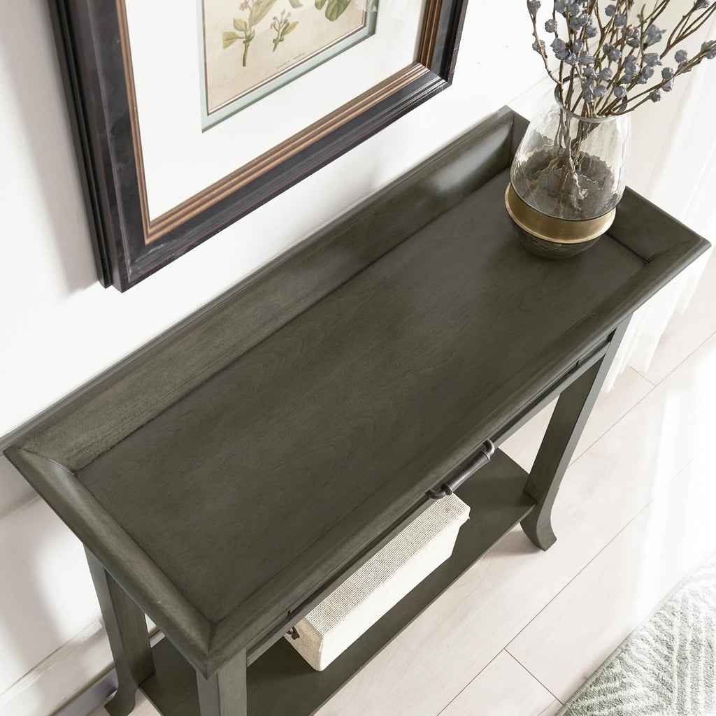 Topol Tray Edge Solid Wood Console Table with Drawer and Shelf, Smoke Gray Wash, Perfect for Entryways, Hallways, and Living Rooms – Leick Home, 10127-GR