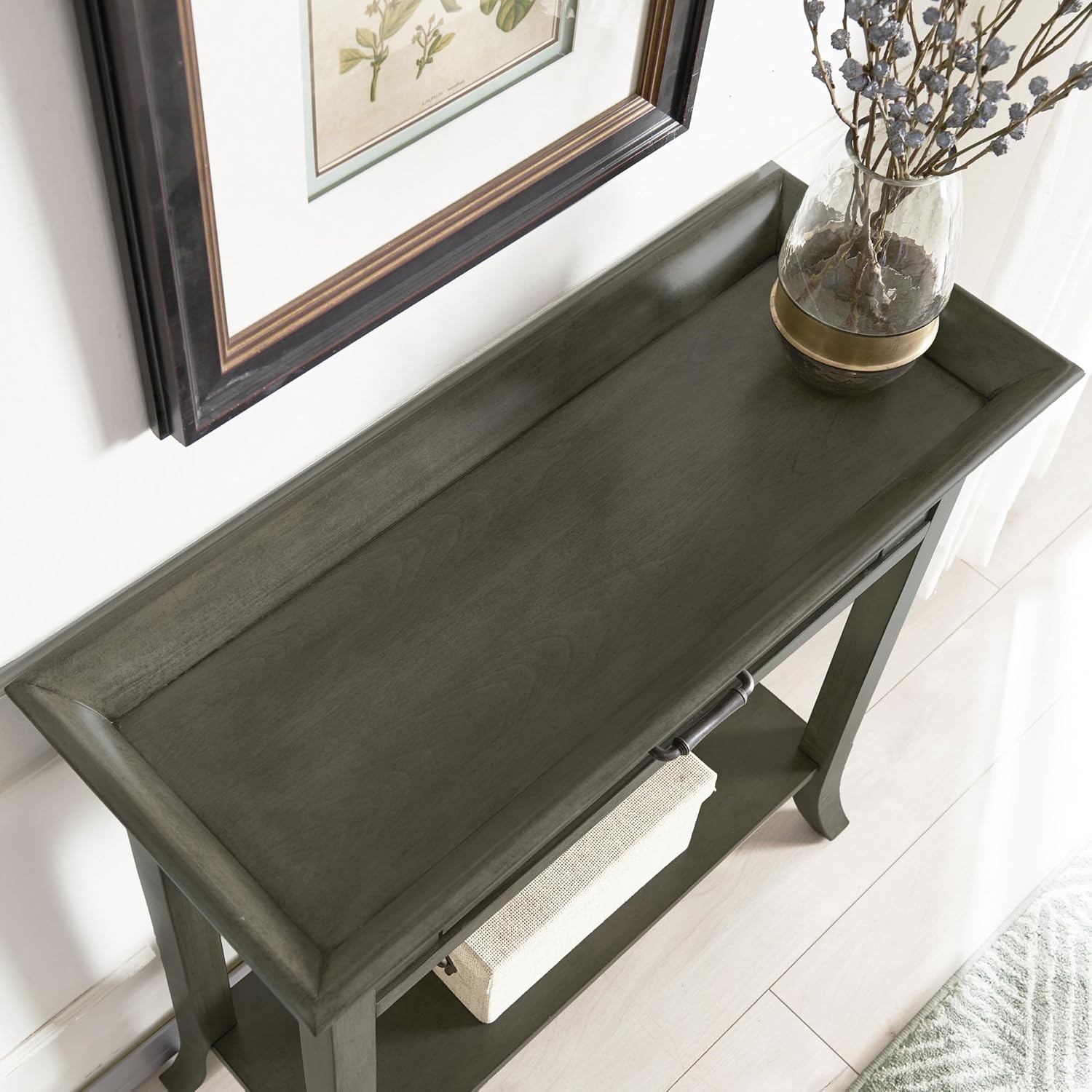 Topol Tray Edge Solid Wood Console Table with Drawer and Shelf, Smoke Gray Wash, Perfect for Entryways, Hallways, and Living Rooms – Leick Home, 10127-GR
