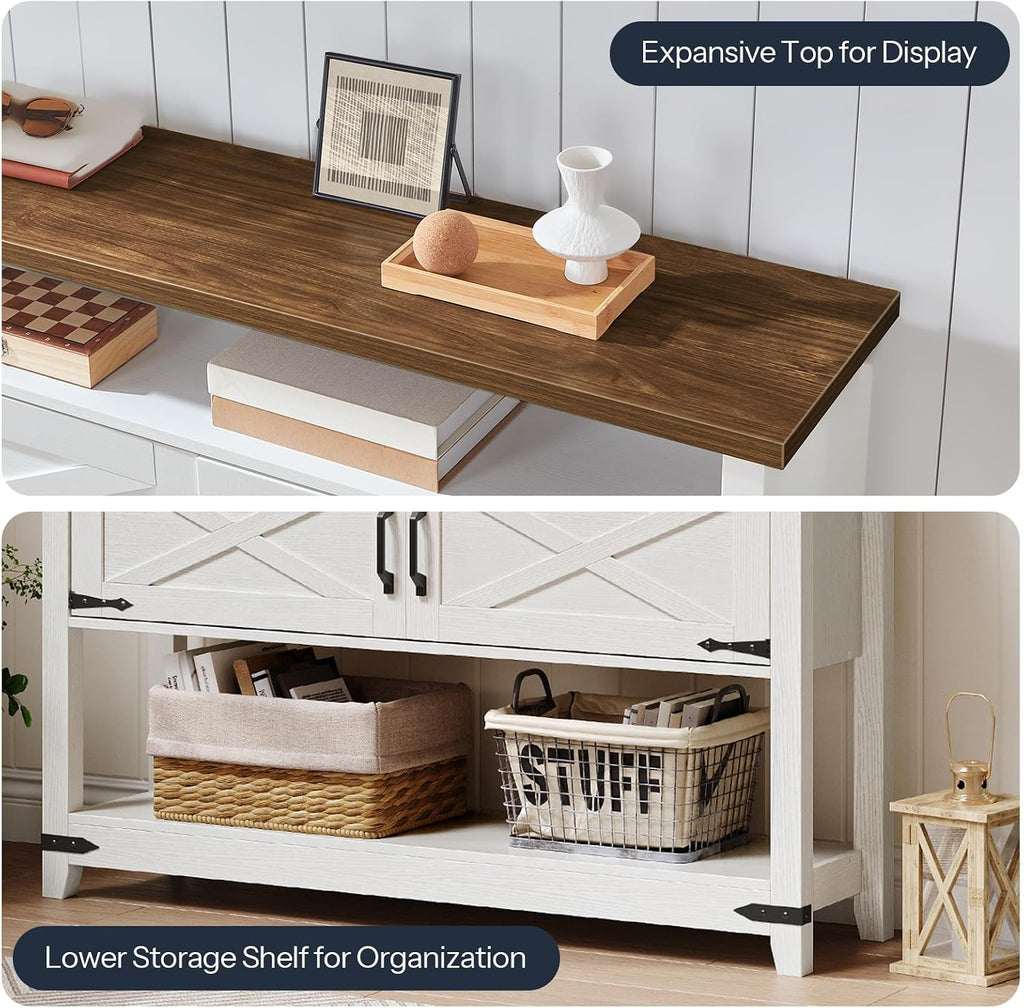 HOOBRO Farmhouse Console Table with Storage, 47.2' Long Entryway Table, White Sofa Table with Doors and Cabinets, Narrow Sofa Table Behind Couch, for Hallway, Foyer, White and Walnut