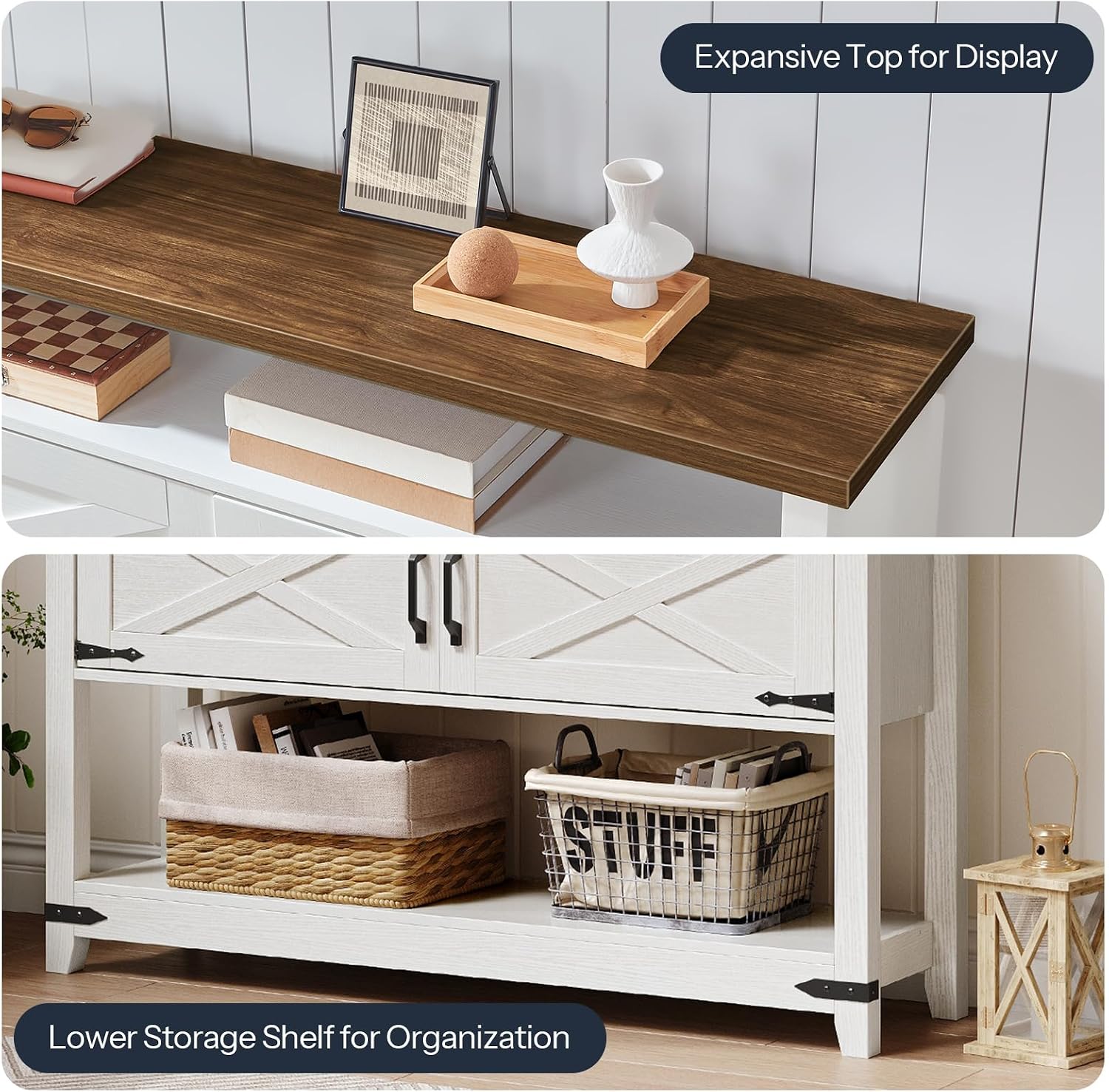 HOOBRO Farmhouse Console Table with Storage, 47.2' Long Entryway Table, White Sofa Table with Doors and Cabinets, Narrow Sofa Table Behind Couch, for Hallway, Foyer, White and Walnut