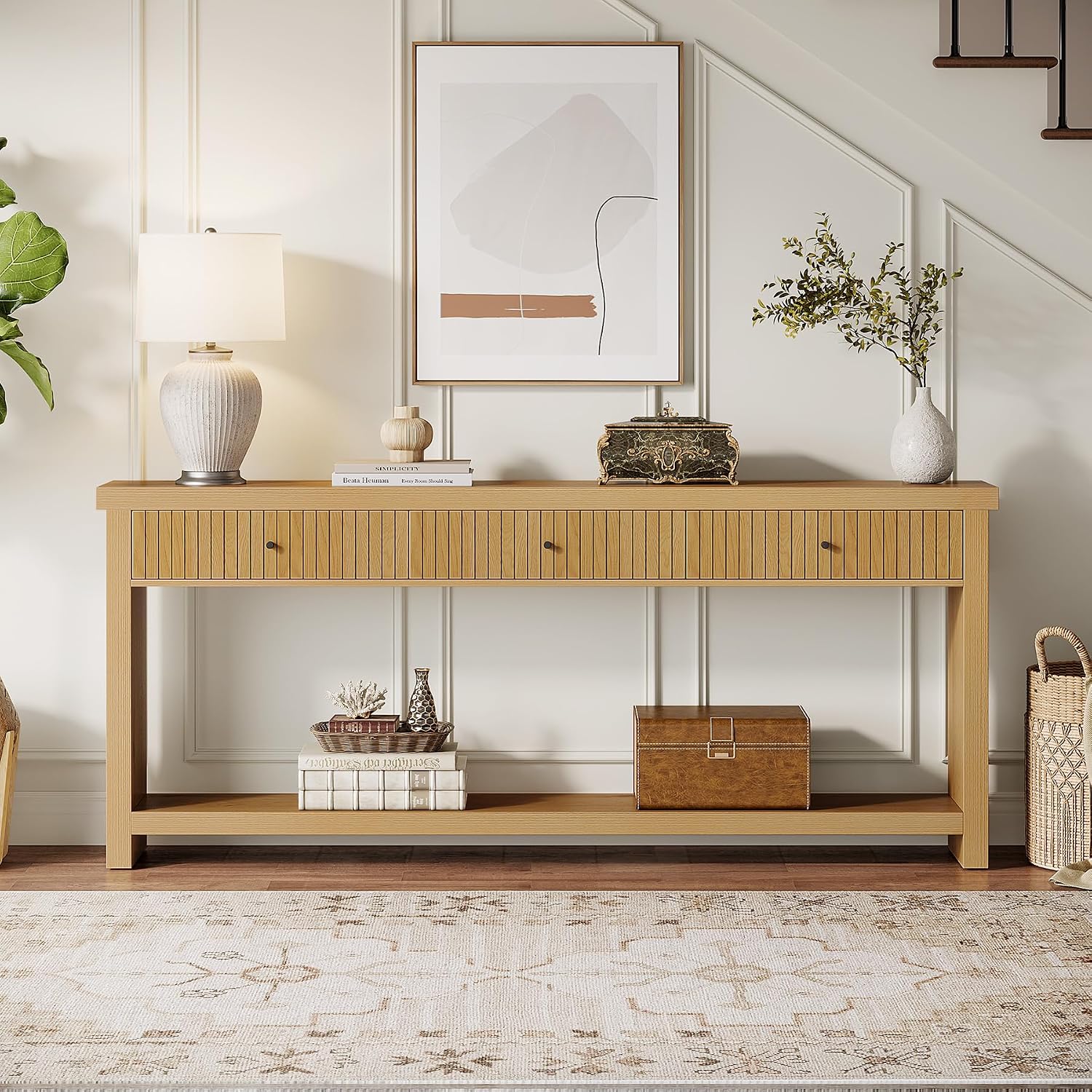 Tribesigns 70.9 inch Extra Long Entryway Table with 3 Drawers, Sofa Console Table with Open Storage Shelves, Oak Color Furniture, Wooden Couch Foyer Tables for Living Room Hallway Entrance