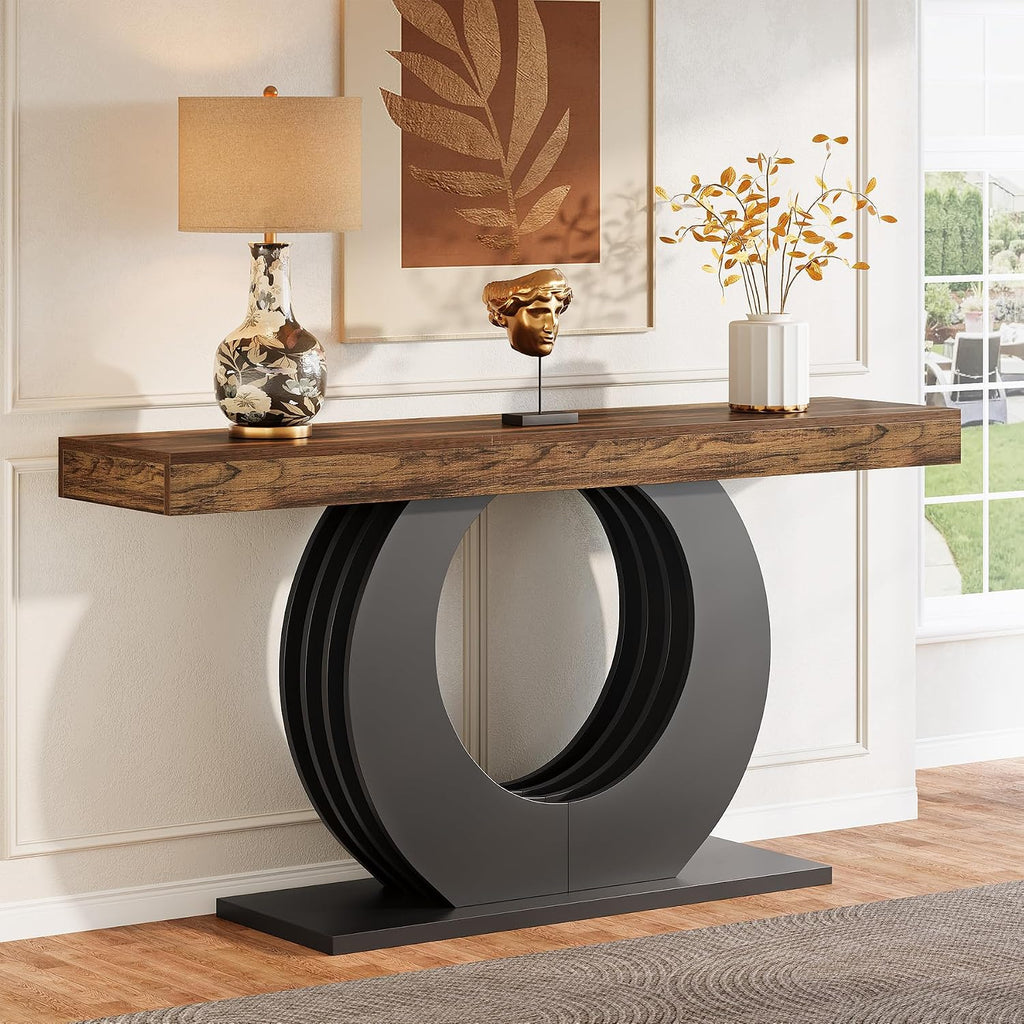 Tribesigns 63-Inch Console Sofa Table, Rustic Industrial Farmhouse Entryway Table, Narrow Long Couch Console Behind Sofa with Black Circle Base for Living Room Hallway, Rustic Brown
