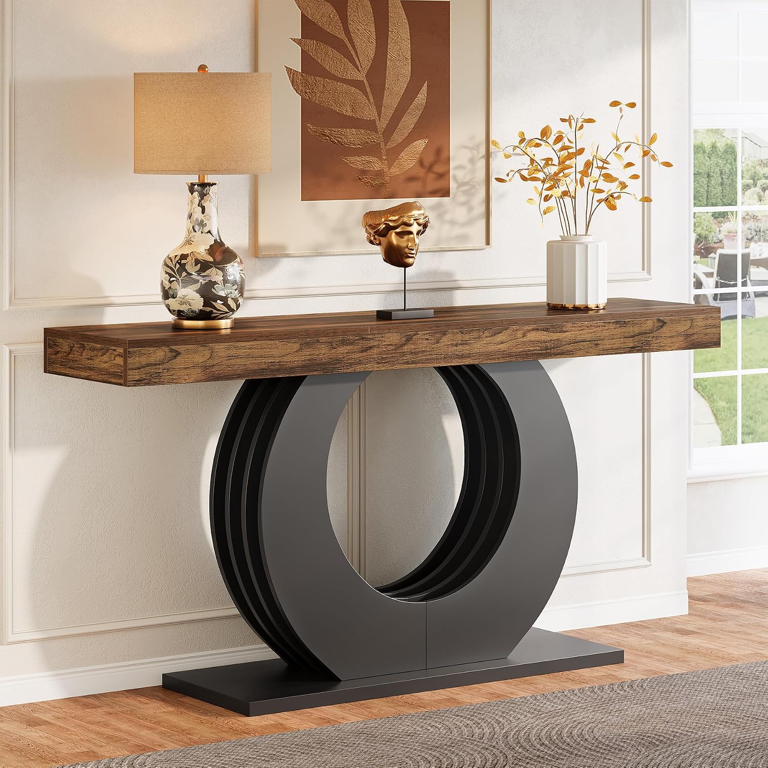 Tribesigns 63-Inch Console Sofa Table, Rustic Industrial Farmhouse Entryway Table, Narrow Long Couch Console Behind Sofa with Black Circle Base for Living Room Hallway, Rustic Brown