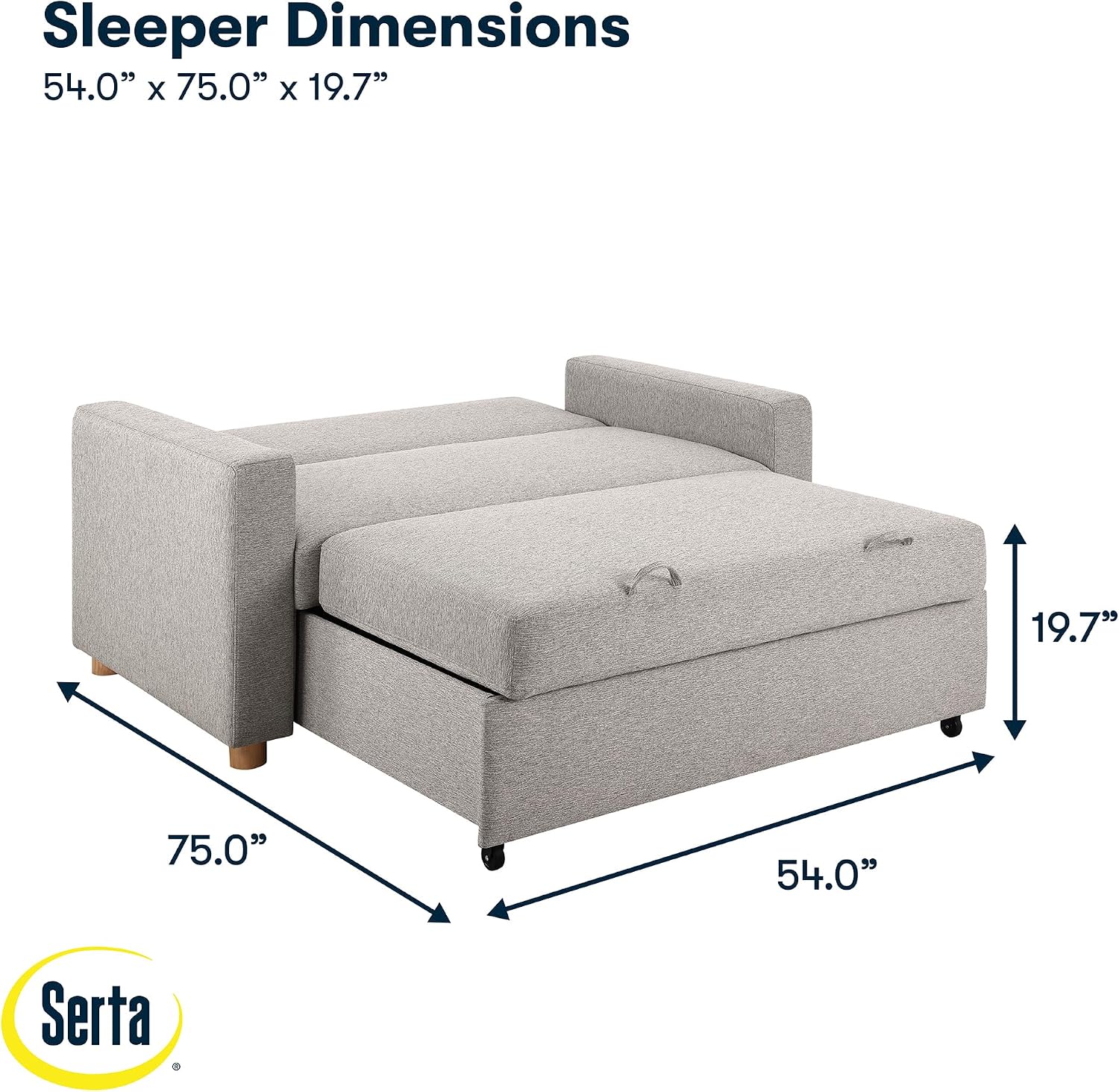 Serta Tulsa 66.1' Convertible Sleeper Loveseat, Full Size, Dreamcoil Comfort, FingerGuard Pinch Point Protection, Woven Fabric, Light Grey