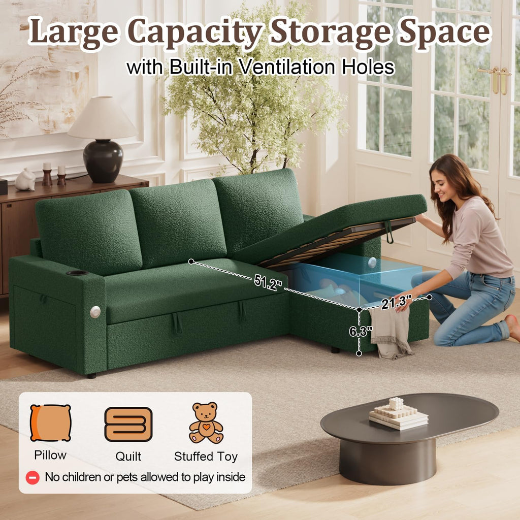 KCGKCG Sleeper Sofa Bed, 4-in-1 Pull Out Couch with Reversible Chaise | Dual USB & Type-C Charging | Dual Cup Holders | Layered Storage (Armrest + Chaise) for Living Room (Classic Green)