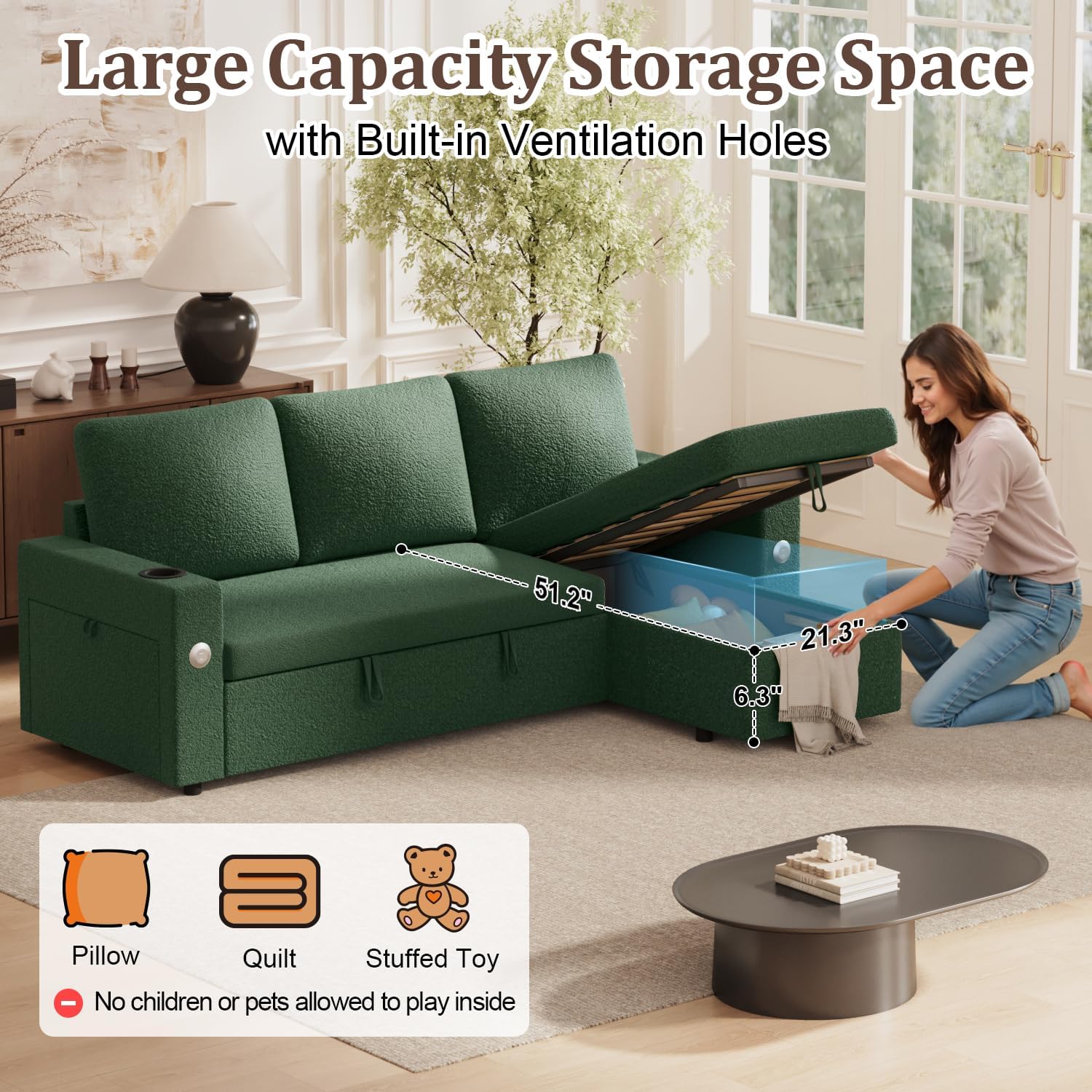 KCGKCG Sleeper Sofa Bed, 4-in-1 Pull Out Couch with Reversible Chaise | Dual USB & Type-C Charging | Dual Cup Holders | Layered Storage (Armrest + Chaise) for Living Room (Classic Green)