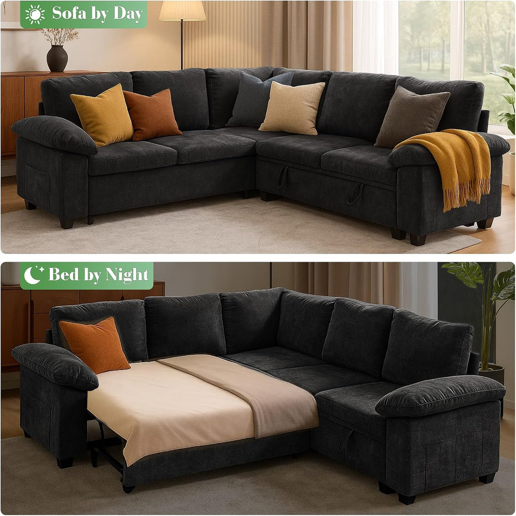 Modular Sectional Sofa with Pull Out Bed Sleeper Sofa L Shaped with Storage, Sectional Couch for Living Room Convertible Sofa Bed with Removable Sofa Cover(5 Seats Black)
