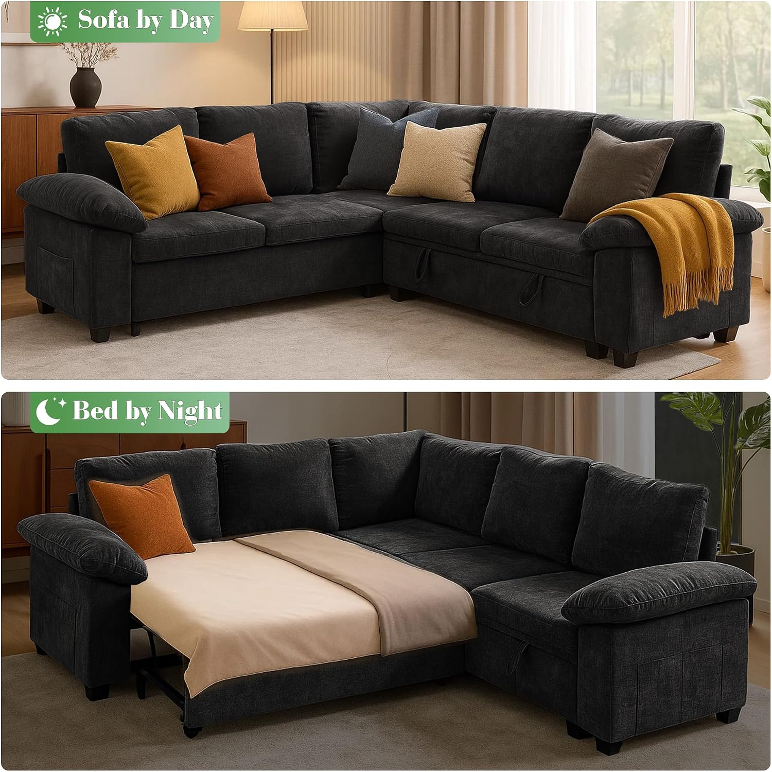 Modular Sectional Sofa with Pull Out Bed Sleeper Sofa L Shaped with Storage, Sectional Couch for Living Room Convertible Sofa Bed with Removable Sofa Cover(5 Seats Black)