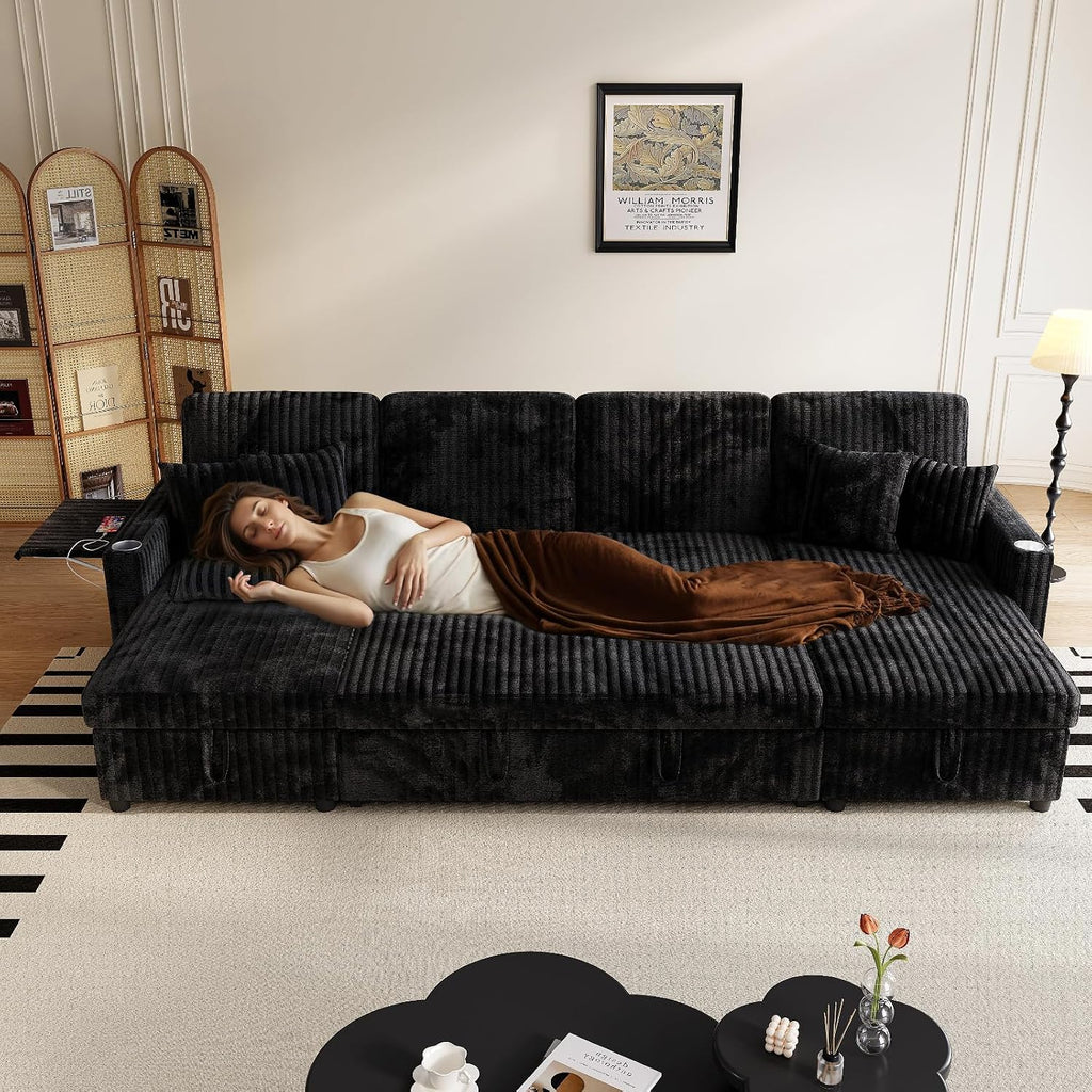 Sleeper Sectional Sofa, 110' Modern U Shaped Couch with Pull Out Bed, Convertible Corduroy Cloud Sofa with Double Storage Chaise, USB, Small Desktop, Comfy Modular Couch for Living Room, Black