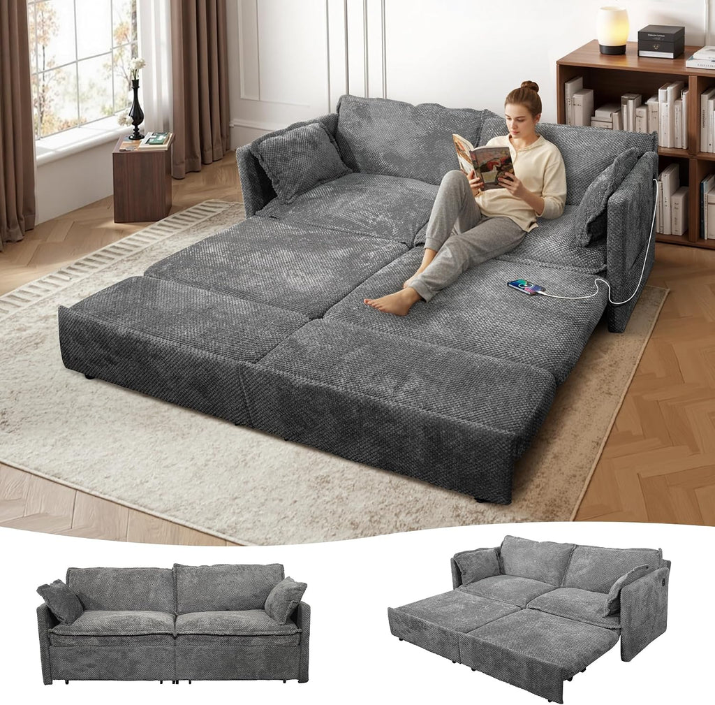 73' Sleeper Sofa Bed, 3-in-1 Pull Out Couch with USB/Type-C Charging & Side Pockets, Convertible Corduroy Loveseat Chaise Lounge, Space-Saving Sofa for Living Room, Grey